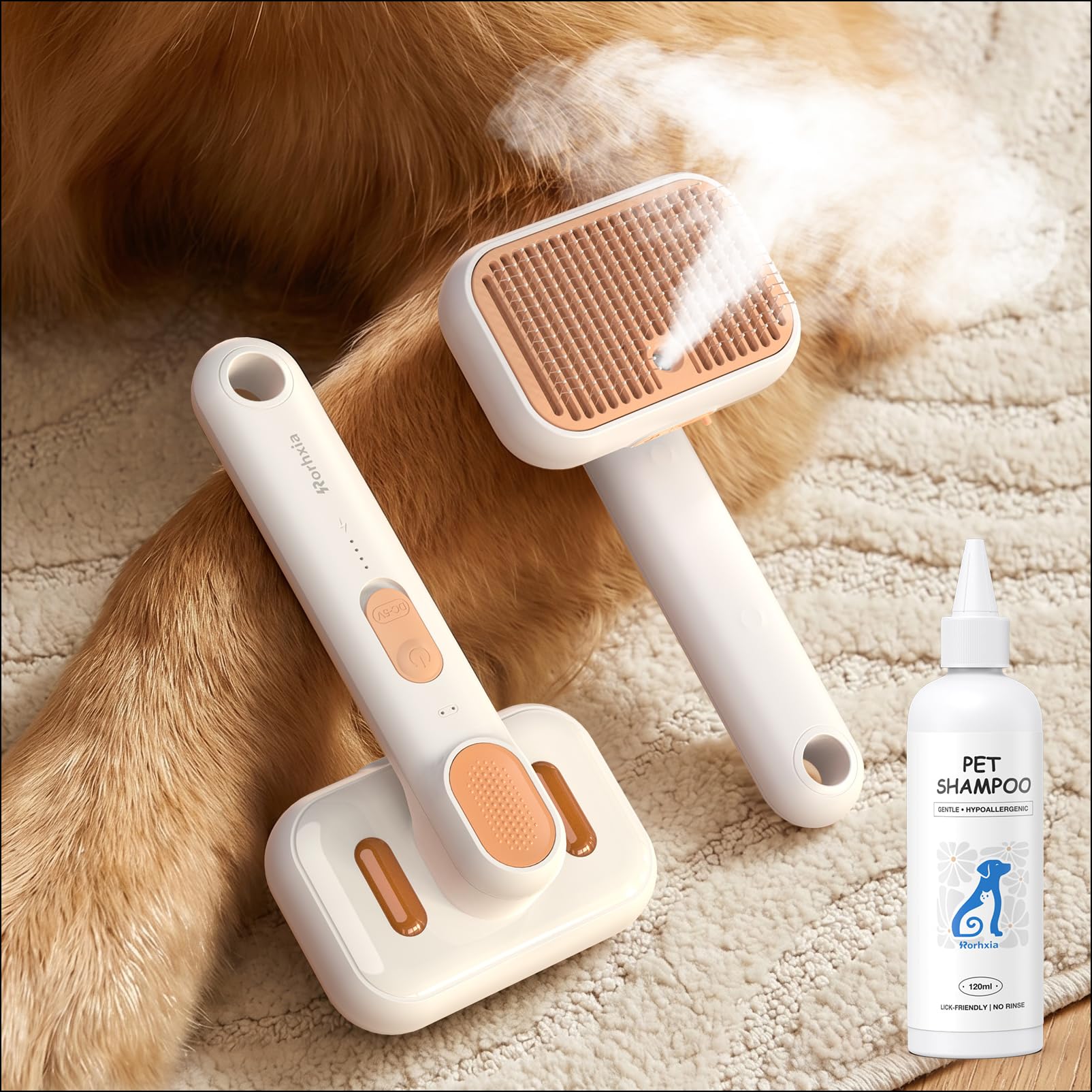 Rorhxia Dampf-Hundebürste für Haarausfall, hautfreundlich, selbstreinigend, 1 x Shampoo, IPX7 wasserdicht, Pet Pro Fellpflege-Werkzeug für Hund und Katze, kurze/lange Haare, Pudel, Kritzeleien