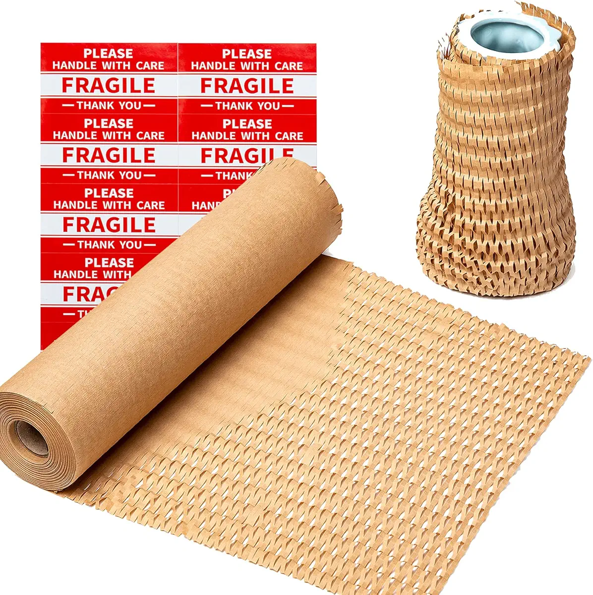 Wowxyz Honeycomb Packing Paper Wrap 12&#34;x105&#39; Recycled Cushion Wrapping Roll Eco Friendly Shipping Moving Green Wrap with 10 Fragile Sticker Labels - Protective Kraft Packaging Suppliers Brown