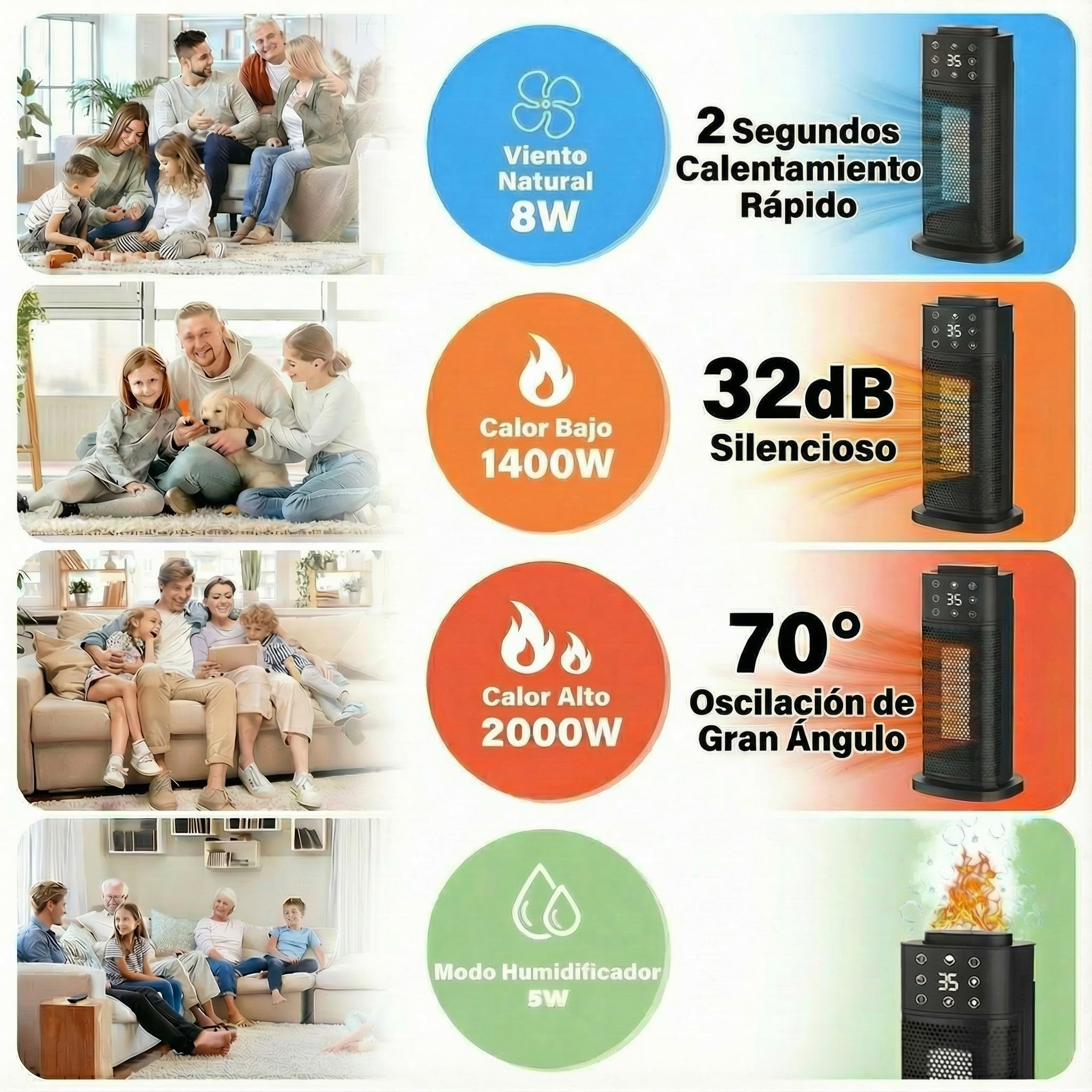 Eléctrico Cerámico 2000W, Bajo Consumo y Silencioso, 3 Niveles de Potencia, Temporizador, Función Frío y Calor, Protección contra Sobrecalentamiento y Humidificador, para Oficina, Salón