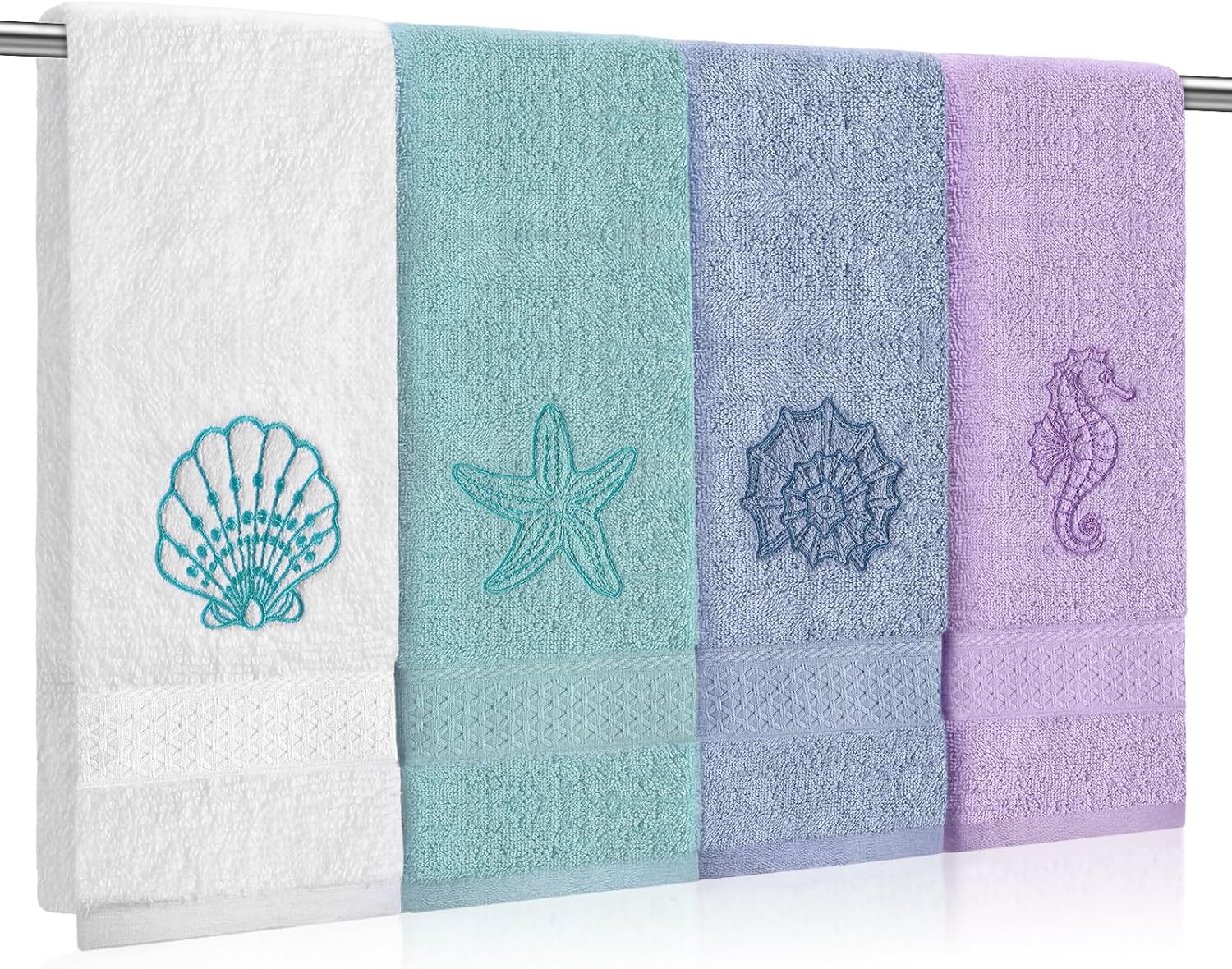 Haull 4 Pcs Beach Coastal Hand Towels for Bathroom Cotton Embroidered Summer Ocean Towels 28.74 x 12.99 Inch Starfish Seahorses Conch Seashell Absorbent Soft Dishcloth for Home Bathroom Kitchen Decor