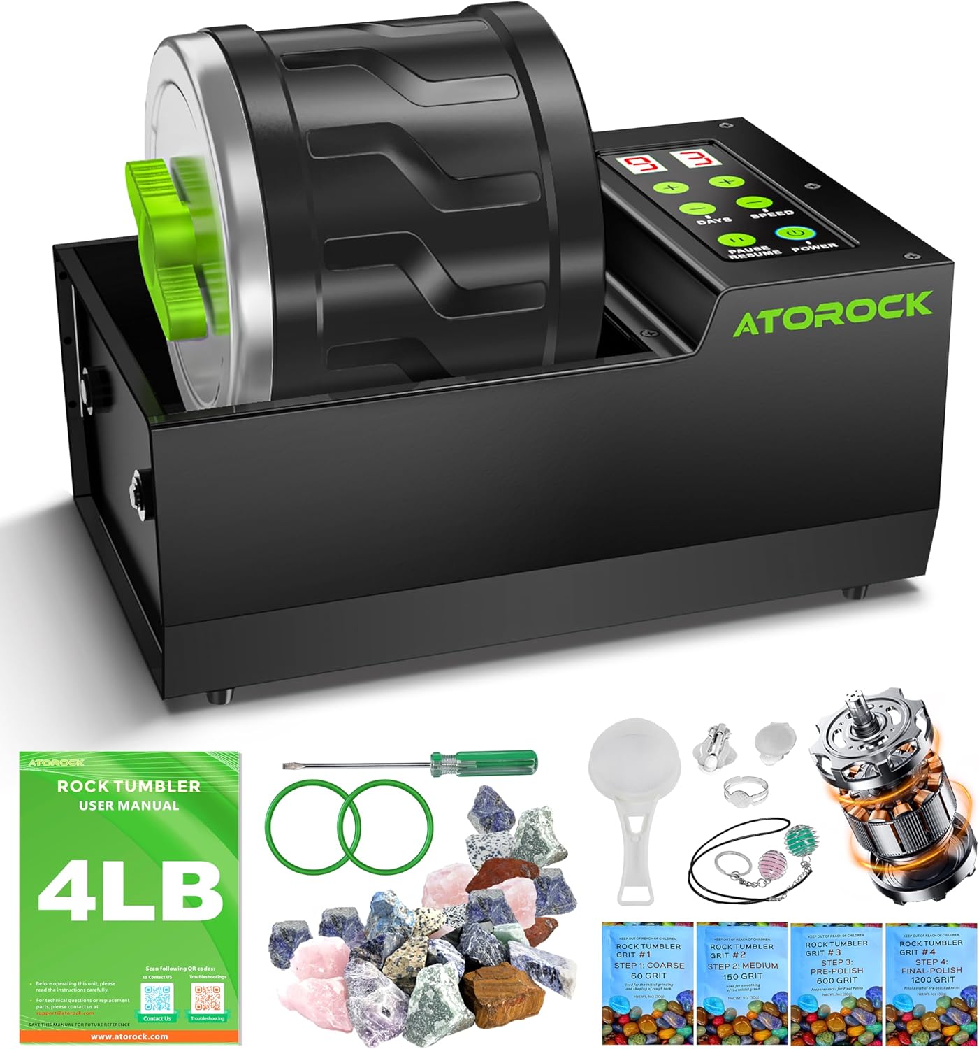 Professional Rock Tumbler Kit, 4LB Extra-Large Barrel with Cutting-Edge Brushless Motor, Adjustable Speed & Timer, Durable Metal Base for Adults & Rock Collectors – Includes Full Accessories