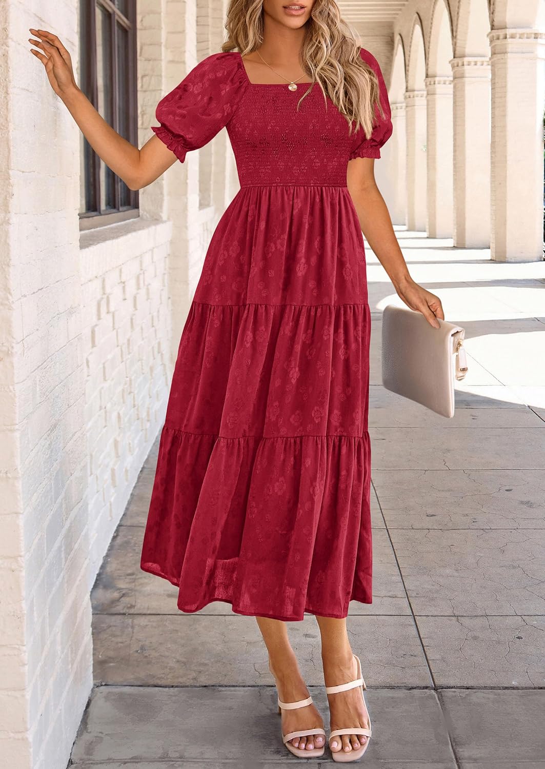 PRETTYGARDEN Women's 2026 Summer Casual Midi Dresses Square Neck Short Sleeve Smocked A Line Floral Flowy Elegant Boho Dress - Image 3