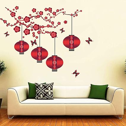 DivineDesigns 'Red Chinese Lamps ' Wall Sticker (PVC Vinyl, 310 cm x 231 cm, Multicolour) | Wall Sticker for Living Room/Bedroom/Office and All Decorative Stickers