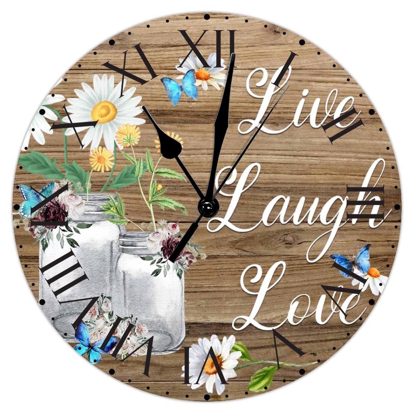 Horloge murale Love Live Laugh avec papillon et chiffres romains rétro