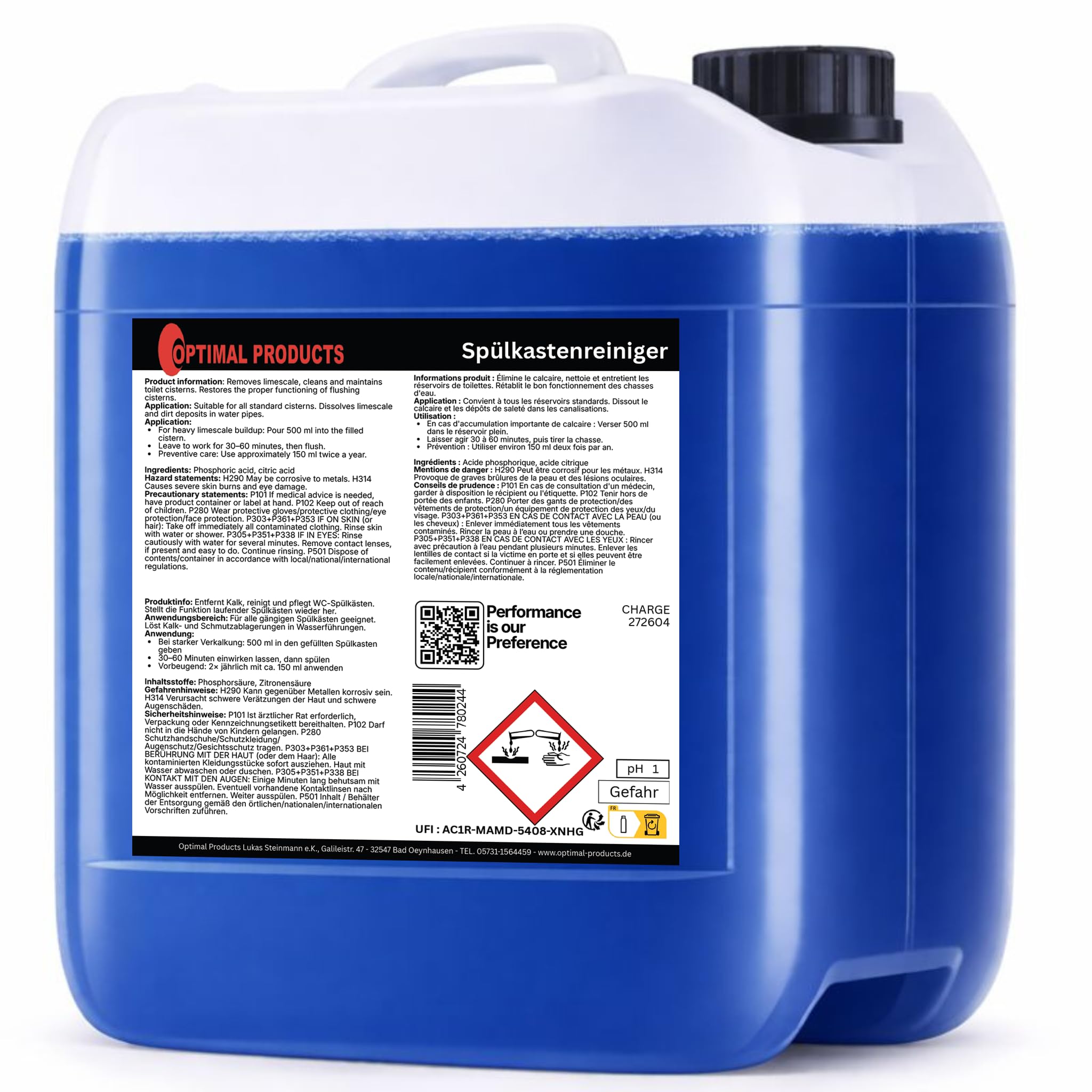 Optimal Products Détartrant pour réservoir de chasse d’eau 5 L – Action express en 30 minutes, 2-en-1 – Élimine le calcaire et nettoie le réservoir WC