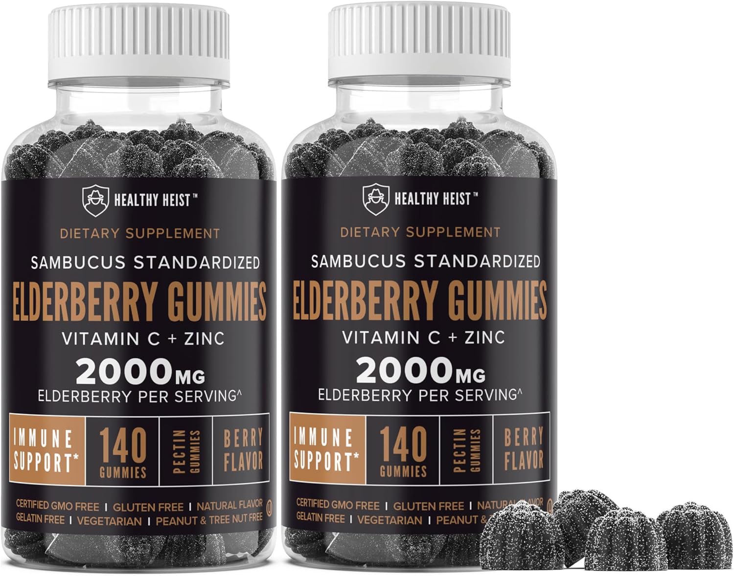 Sambucus Black Elderberry Gummies for Adults and Kids with Zinc and Vitamin C, 280 Gummy Bulk Size, Chewable Immune Support, Non GMO, Kosher, Pectin, Vegan, Delicious Berry Flavor by Healthy Heist