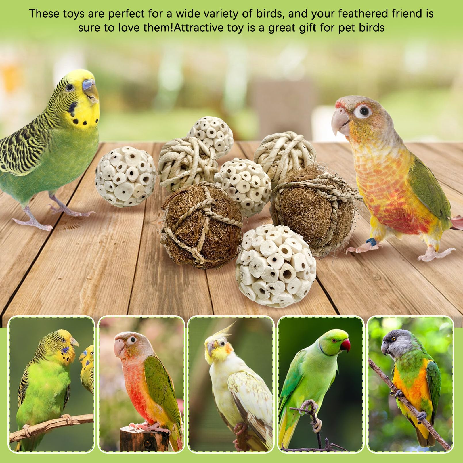 BNOSDM 8PCS Natural Bird Chew Toys Sola Balls Shred Toy Lightweight Conure Foot Toy Interactive Parrot Foraging Toys Bird Chew Balls with Hemp Rope Hook for Budgies Cockatiels Parakeets Senegal - image 7