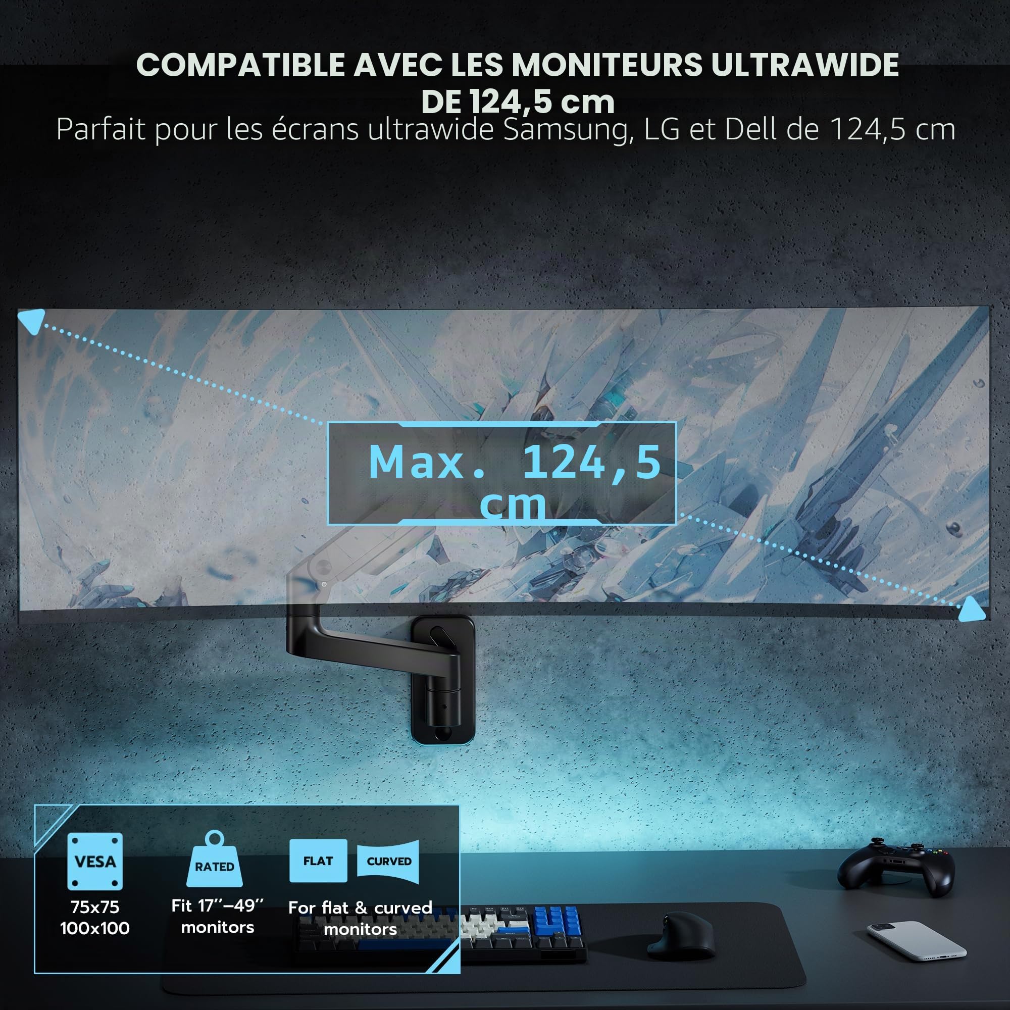 ARES WING Support Mural pour Écrans de 17 à 49 Pouces, Noir | Bras Ecran PC à Ressort à Gaz de 20 kg, Inclinaison, Pivotement, Rotation et Hauteur Réglable, Max VESA 75/100mm