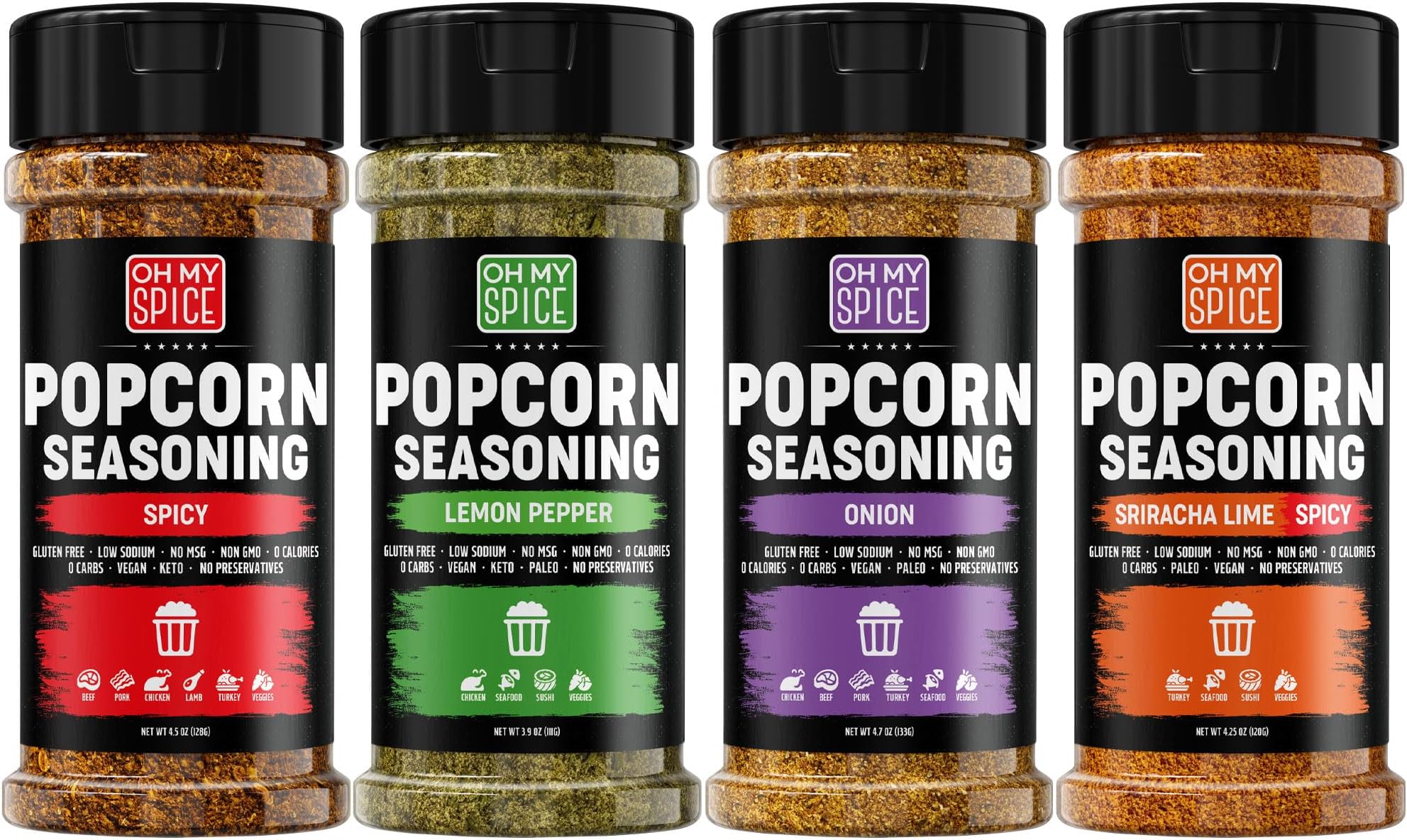 Popcorn Seasoning Variety Pack - Gluten Free & Low Sodium Spicy, Lemon Pepper, Sriracha Lime & Onion Seasoning Set. Popcorn Gift Set. Popcorn Flavorings Variety Pack. Popcorn Seasonings Toppings