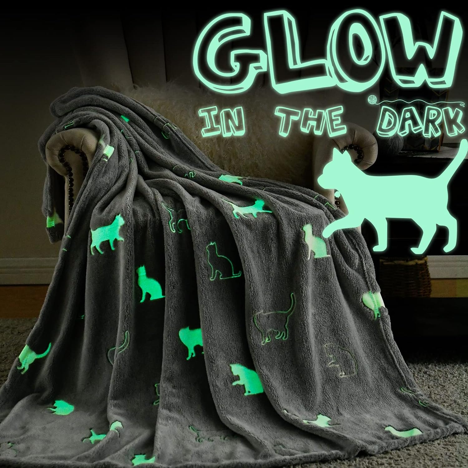 Amazon.com: Vangao Cat Blanket Grey Throw Blanket Glow in The Dark ...