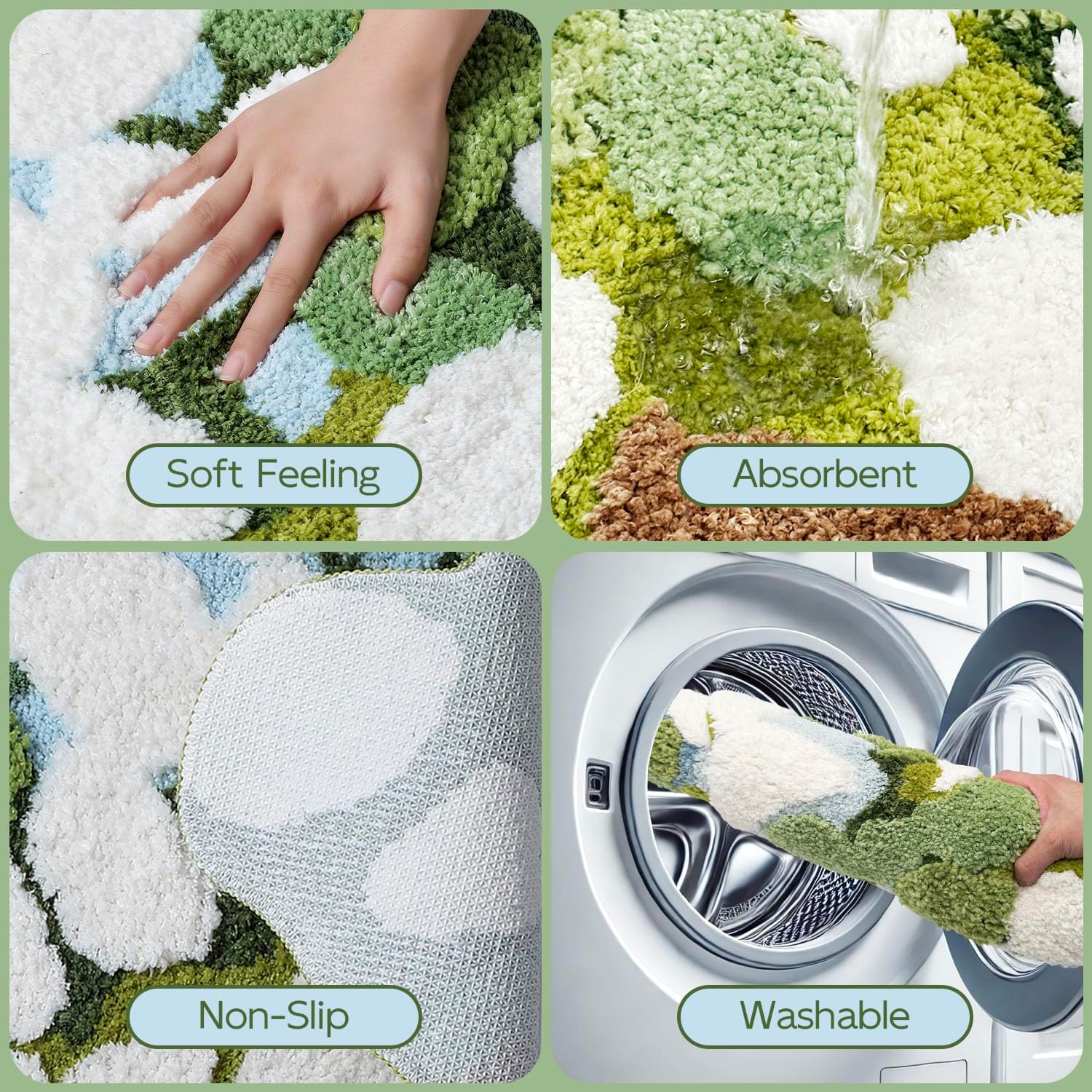Green Moss Bath Rug Tufted Soft Mat for Bathroom, Embossed Abstract Floor Pad Washable Microfiber Bathroom Mat for Bedroom Living Room Home Decor