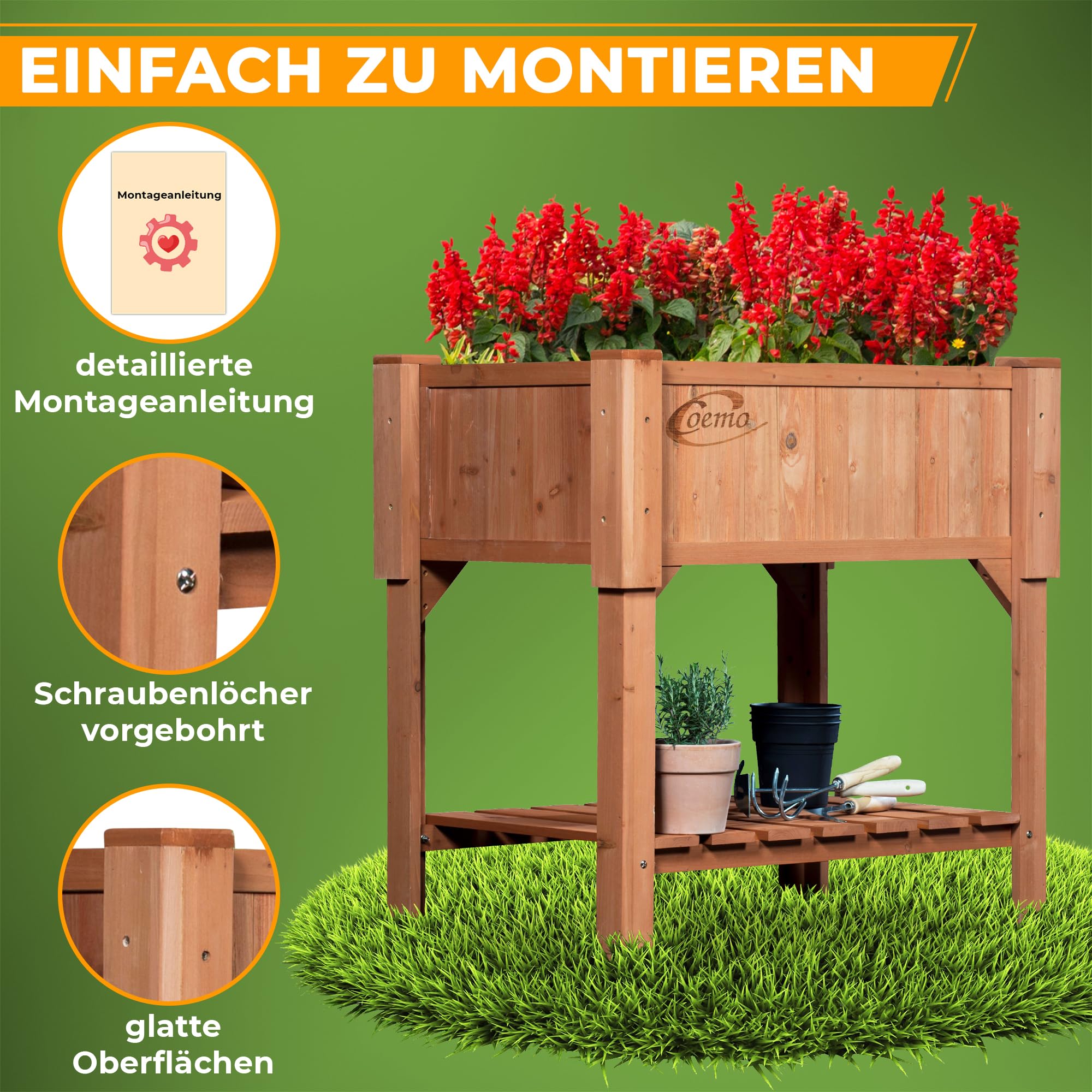 Coemo Hochbeet Holz 90 × 60 × 90 cm mit Ablageboden – Pflanztrog & Frühbeet für Balkon, Terrasse & Garten – Kräuterhochbeet mit Pflanzvlies – auch als Sichtschutz nutzbar