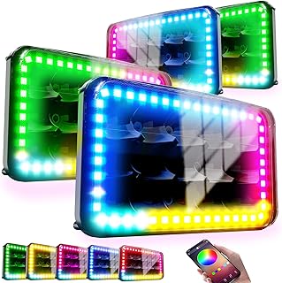 ROLINGER 4PCS Off Road Plug and Play Sealed Beam LED Light H4651 H4652 H4656 H6545 4X6 LED Lights with RGB Halo Function Rectangular Off-Road Lights for Peterbilt Kenworth Freightliner