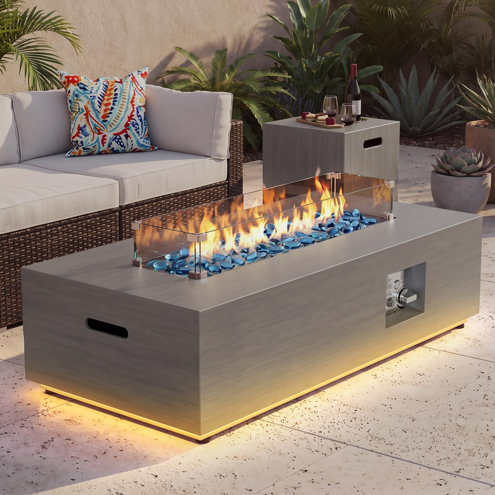 SUNPEAK 42" Modern Fire Pit Table with LED Light 50,000 BTU Deck Fire Pit Table Includes Wind Guard, Lid, Rocks & Cover - Propane Gas Patio Fireplace, Chimenea para Patio (Grey/Golden Light, 42" LED)