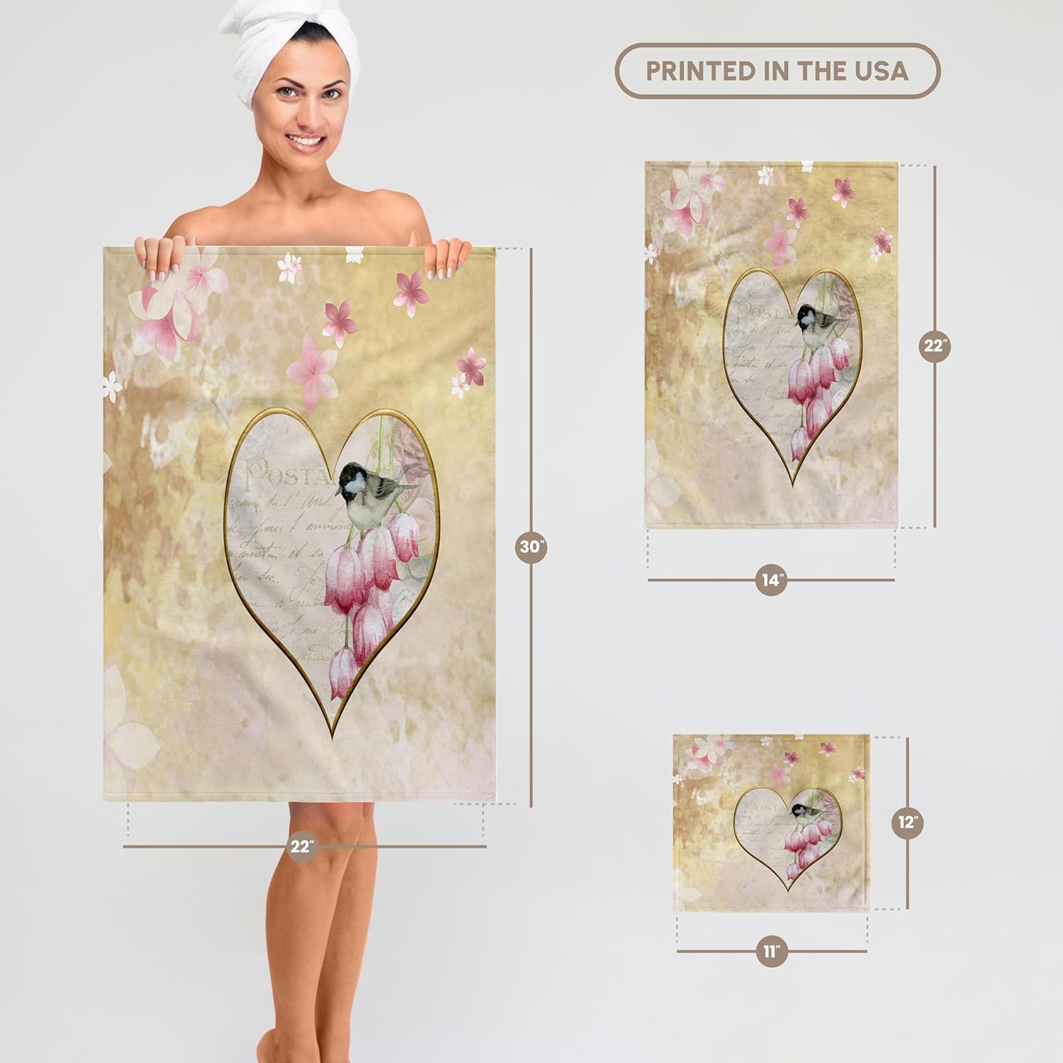 3dRose Chickadee Bird on Pink Flowered Heart, Gold Trim 22x30 Bath Hand Pool Towel