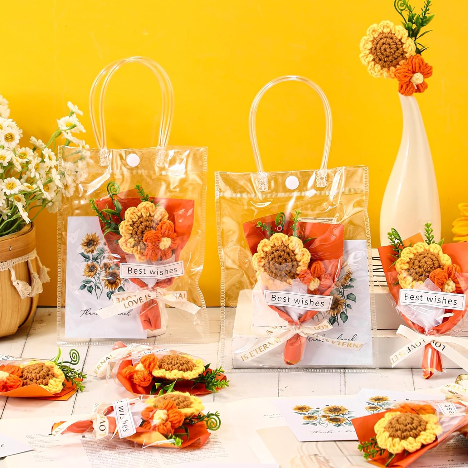 Employee Appreciation Crochet Bouquet Handmade Knitted Artificial Flowers Party Decor a Bunch of Love Cards in Gift Bags for Co-Workers, Boss, or Team Members(10 Sets,Sunflower)