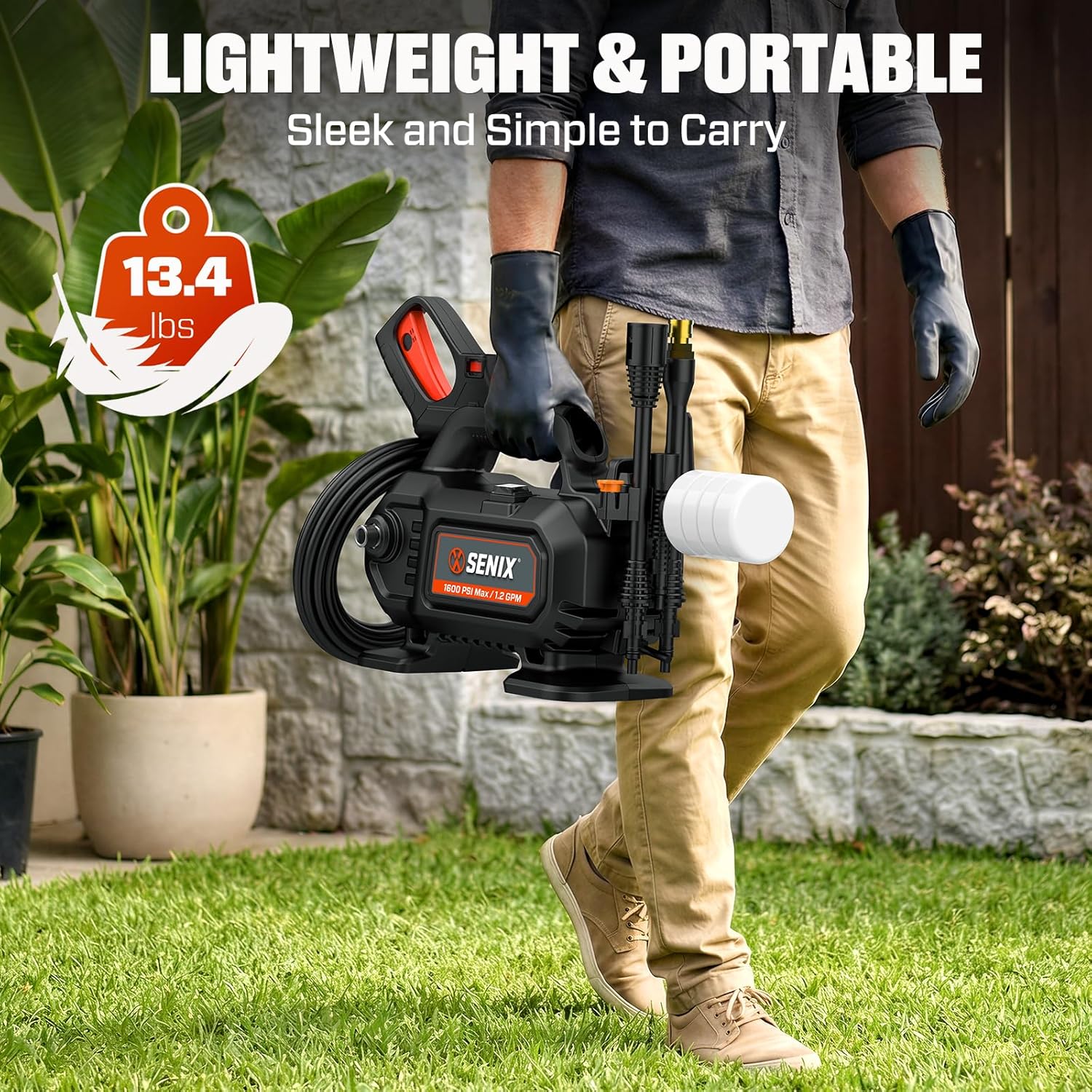 SENIX 1100 PSI Electric Pressure Washer with Foam Cannon - Compact Power Washer for Cars, Driveways, Patios & Outdoor Cleaning - Includes 15° Nozzle, Turbo Nozzle, Spray Gun, 20 ft Hose & 35 ft Cord
