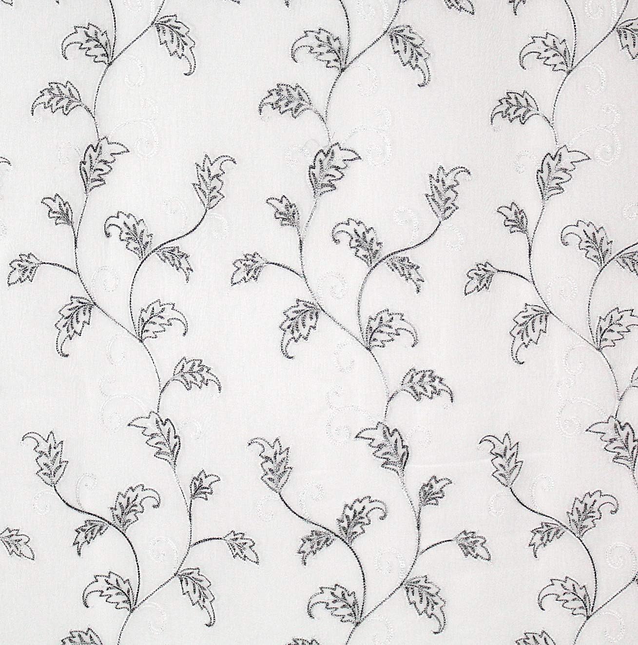 SERAFINA Decorative Sheer Fabric Shower Curtain: Two Toned Grey and White Embroidered Leaves with Metallic Threading (White/Grey) 70 x 72