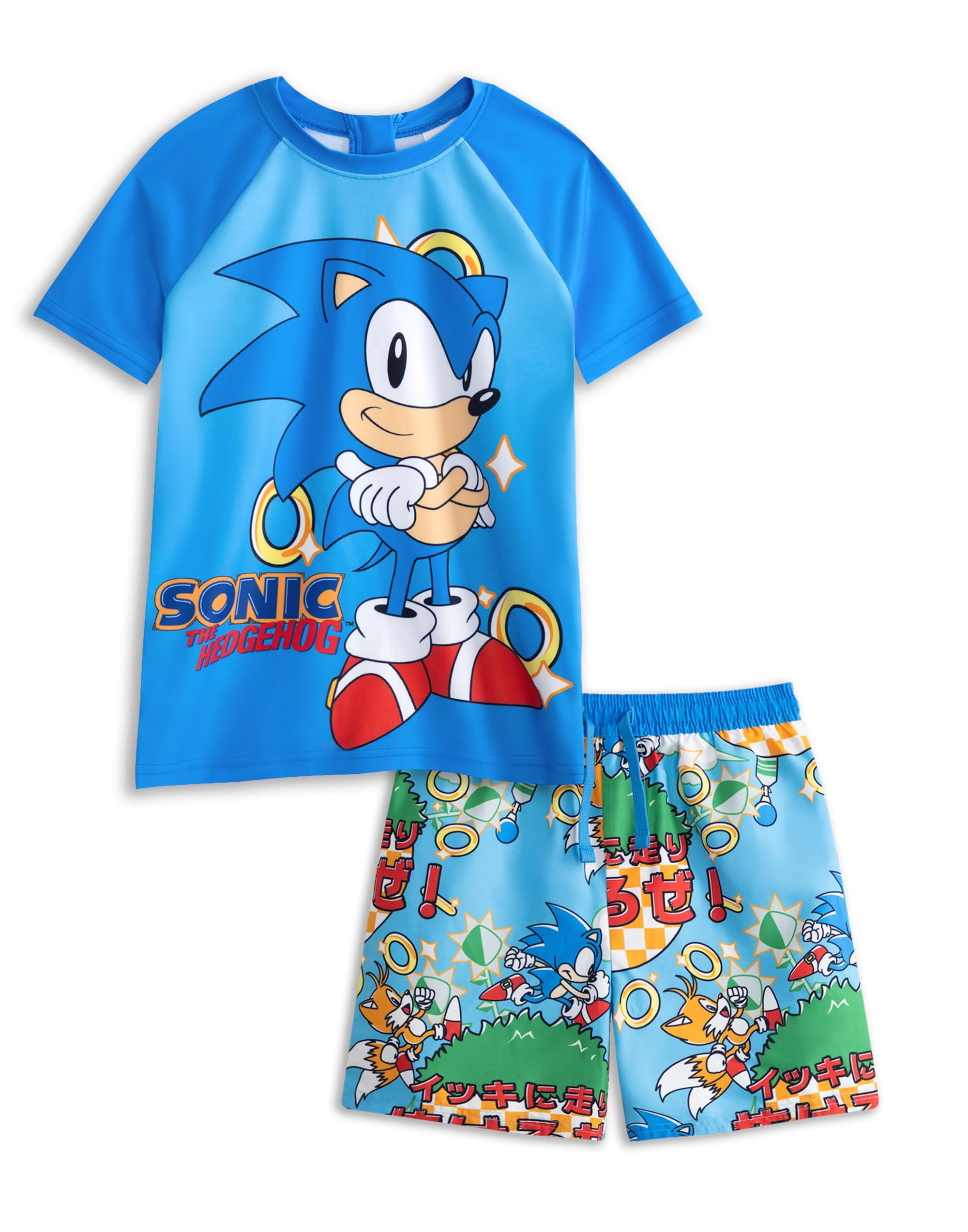 Sonic The Hedgehog Boys Blue 2 Piece Swim Set | Short Sleeve Crew Neck Top & Shorts with Elastic Waistband | All-Over Character Graphic Print | Sonic Merch - 6-7 Years