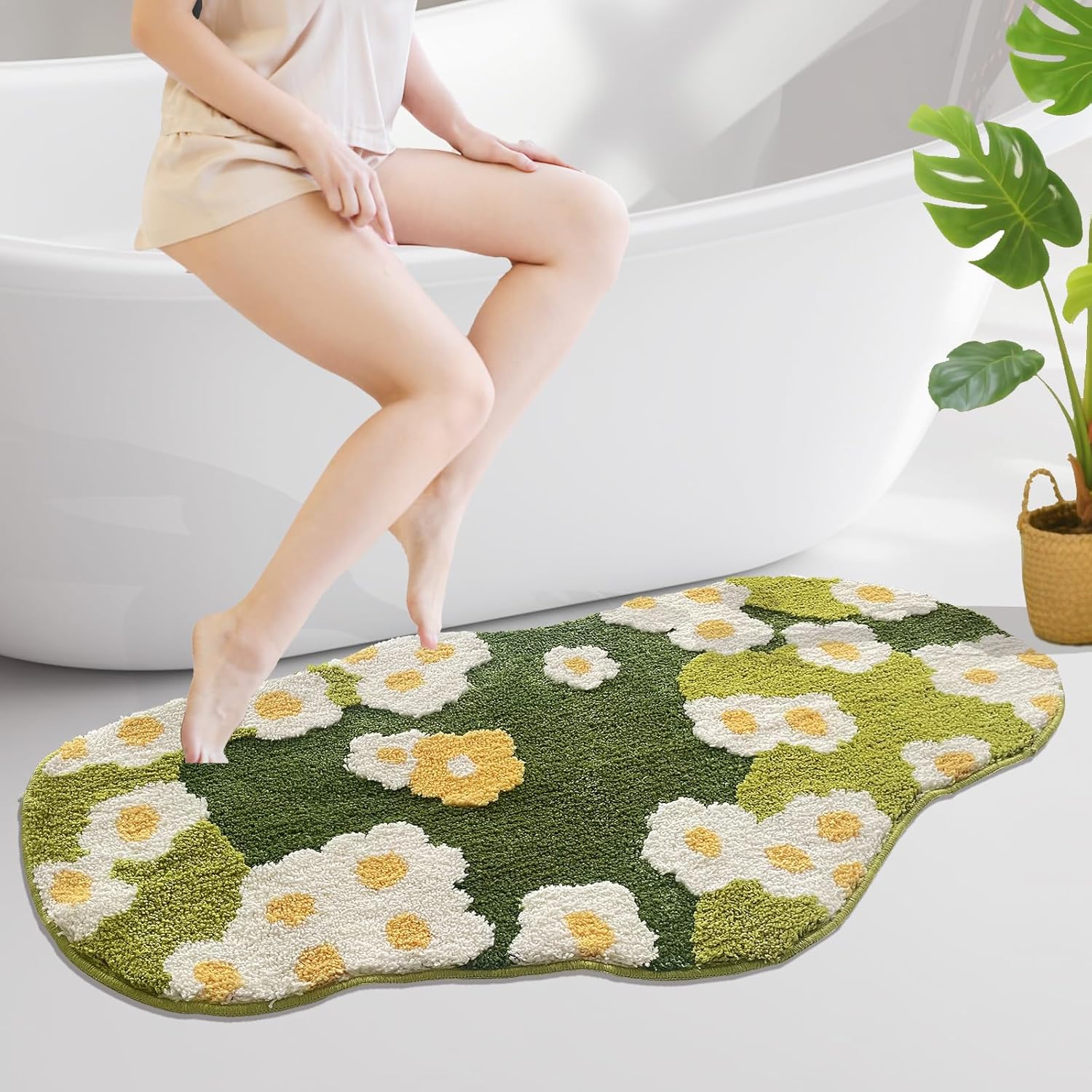 SiliPacks 3D Moss Floral Bath Rugs,Cute Flower Bath Mat,Green Non Slip Bathroom Rugs,Soft Water Absorbent Microfiber Bath Rugs for Bathroom, Washable Rug Floral Nature Bathtub Mat (23.6" x47")