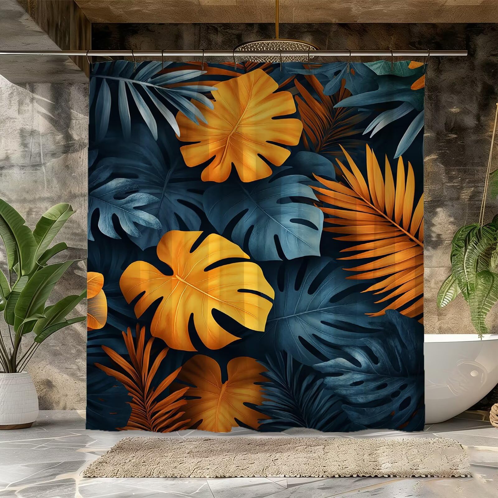 Zasłona prysznicowa roślinna 200 x 220 cm, wodoodporna tkanina poliestrowa, szybkoschnąca, z 12 pierścieniami, zasłonami okiennymi do łazienki i składaną wanną do narożnej zasłony prysznicowej