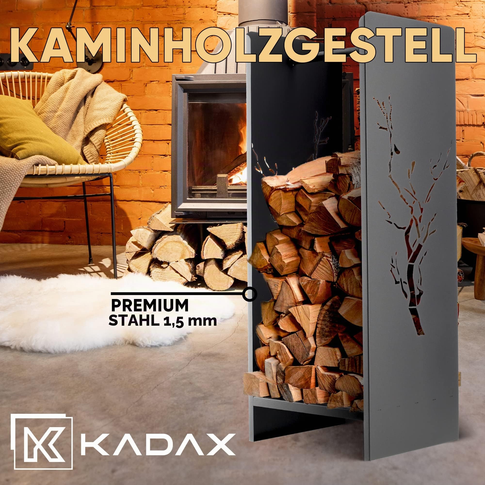 KADAX Kaminholzgestell, Kaminholzgestell aus robusten Stahl, schwarzer Kaminholzhalter, pulverbeschichtetes Brennholzregal in verschiedenen Mustern (30 x 35 x 90 cm Premium)