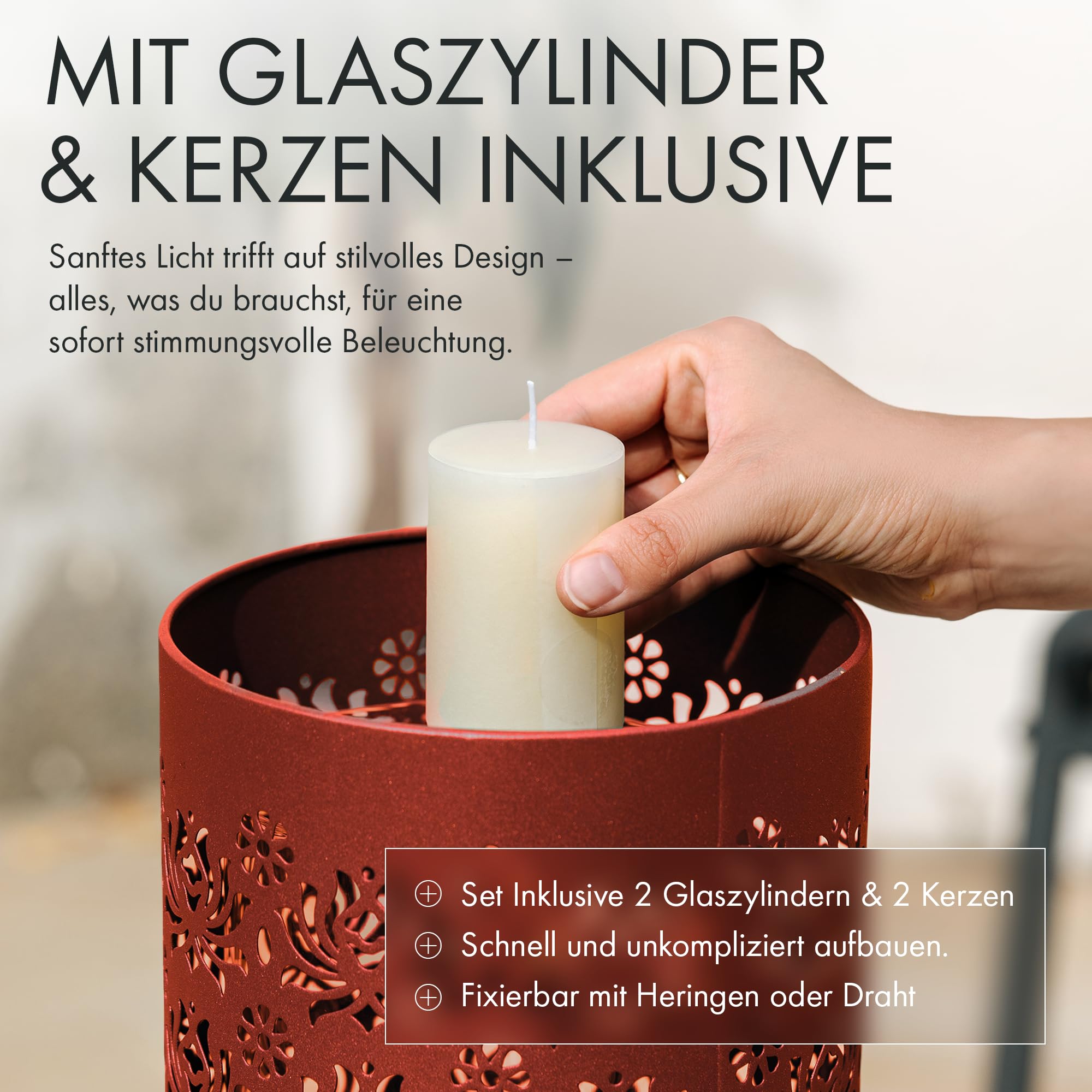 BeFair Dana Große Laternen-Säulen 2er Set Rostoptik mit Glas & Kerzen | 2 Laternen-Säulen in Rostoptik mit Glaszylindern und Kerzen für Garten, Terrasse, Balkon und Wohnbereich