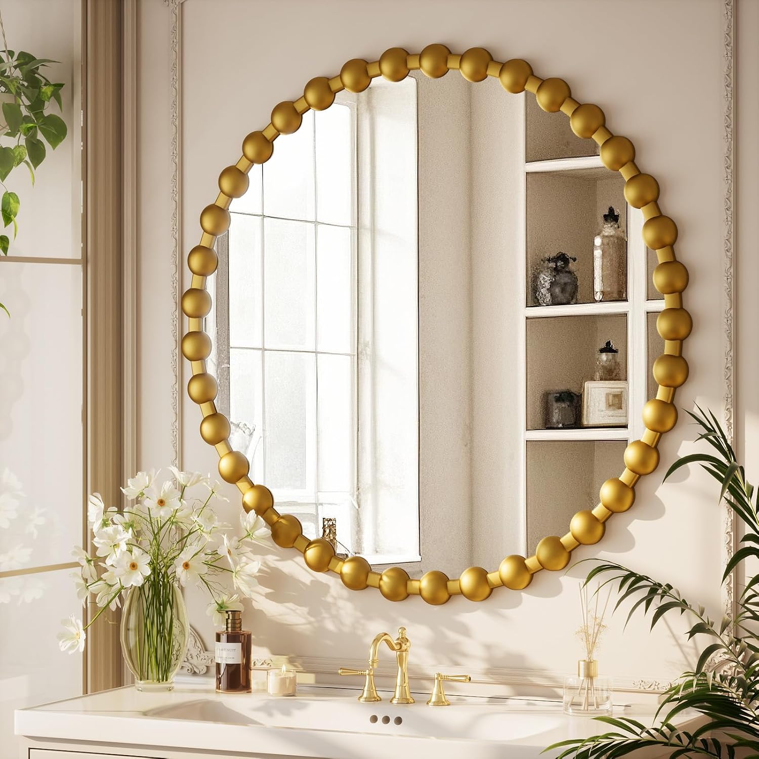 Easly Round Mirror for Wall, 32 Inch Gold Beaded Frame Decorative Vanity Mirror, Circle Bathroom Mirror with High-Definition Lense, Modern Wall Decor for Bathroom, Living Room, Bedroom, Entryway