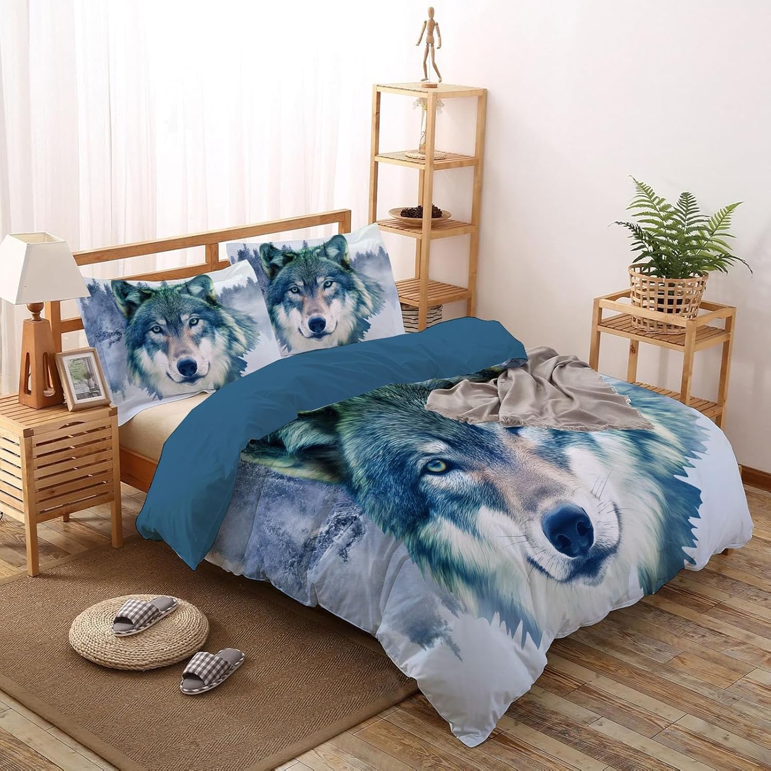 Watercolor Wolf Print Duvet Cover Cyan Bohemian Animals Texture Bedding Size,Reversible Solid Color Classic Color Printed Plaid Duvet Cover,Includes 1 Duvet Cover