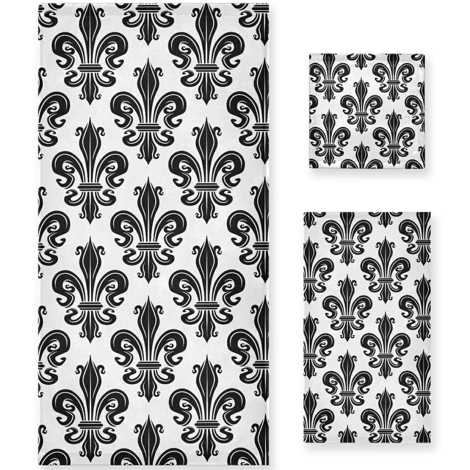 Naanle Black White Flroal Fleur-de-lis Retro Soft Set of 3 Towels, 1 Bath Towel+1 Hand Towel+1 Washcloth, Decorative for Bathroom, Hotel, Kitchen, Spa