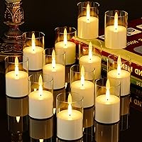VIODAIM 12 Pack Flickering Flameless LED Candles with Timer - Battery Powered Acrylic Pillar Votives, 2x3 Inch Clear Safe Decor