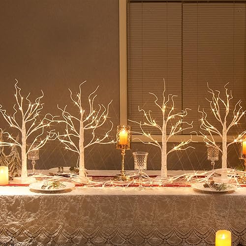 Miniatura 1 de Vanthylit Decoraciones del día de San Valentín, árbol de abedul blanco con luces LED, juego de 4, árbol de San Valentín blanco cálido, temporizador
