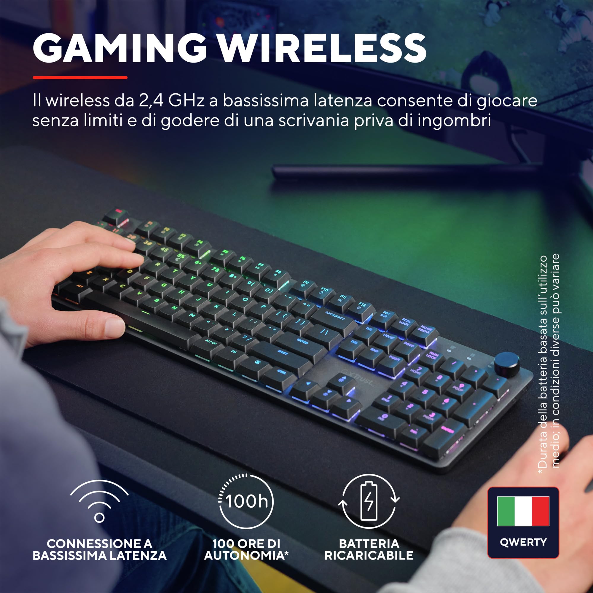 GXTrust 868 Torix Tastiera Meccanica Wireless Italiano QWERTY, Tastiera Gaming Ricaricabile RGB 2.4GHz, Batteria 100 Ore, Interruttori Huano Lineari, Tasti Programmabili, PC Laptop - Nero
