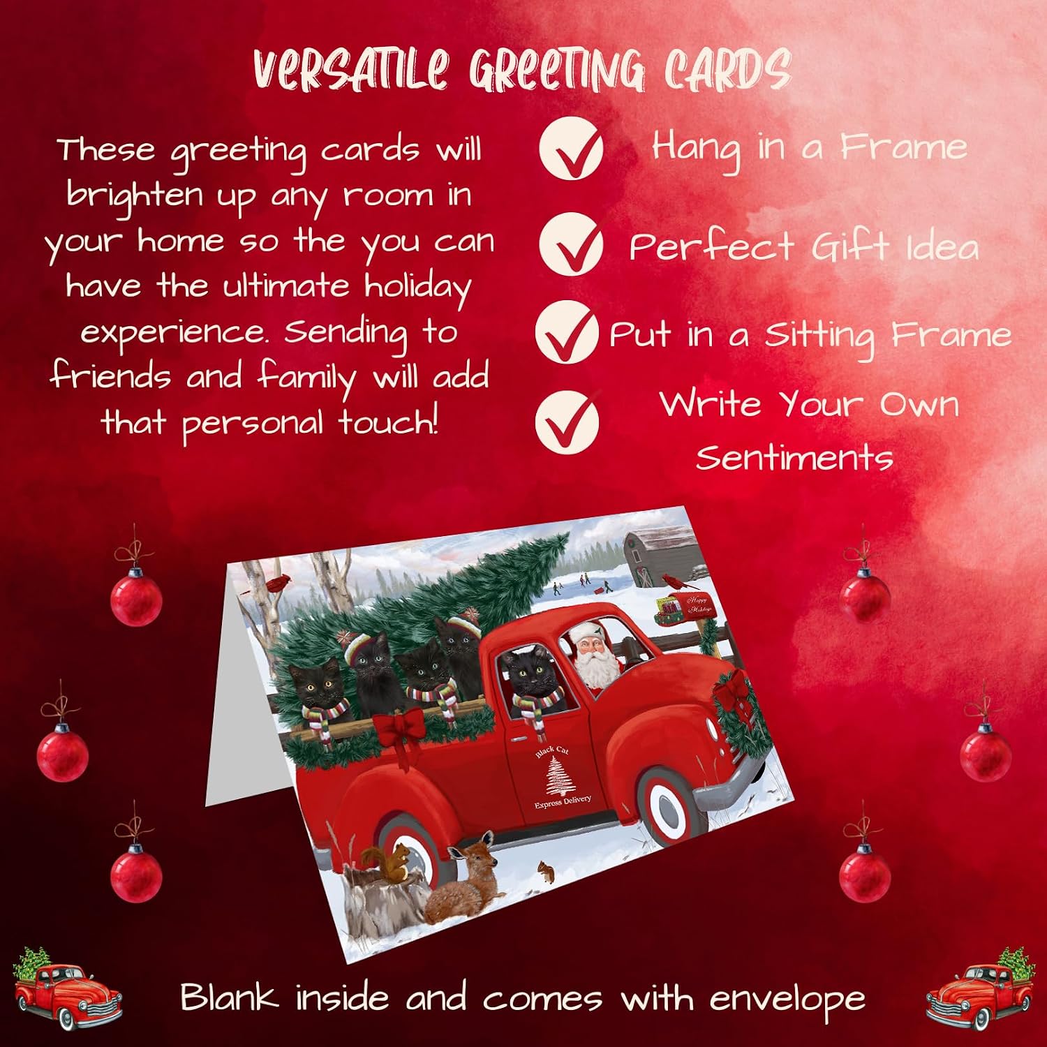 Christmas Santa Express Delivery Red Truck Black Cats Greeting Cards - Adorable Pets Invitation Cards with Envelopes - Pet Artwork Christmas Greeting Cards GCD68873 (10 Greeting Cards)