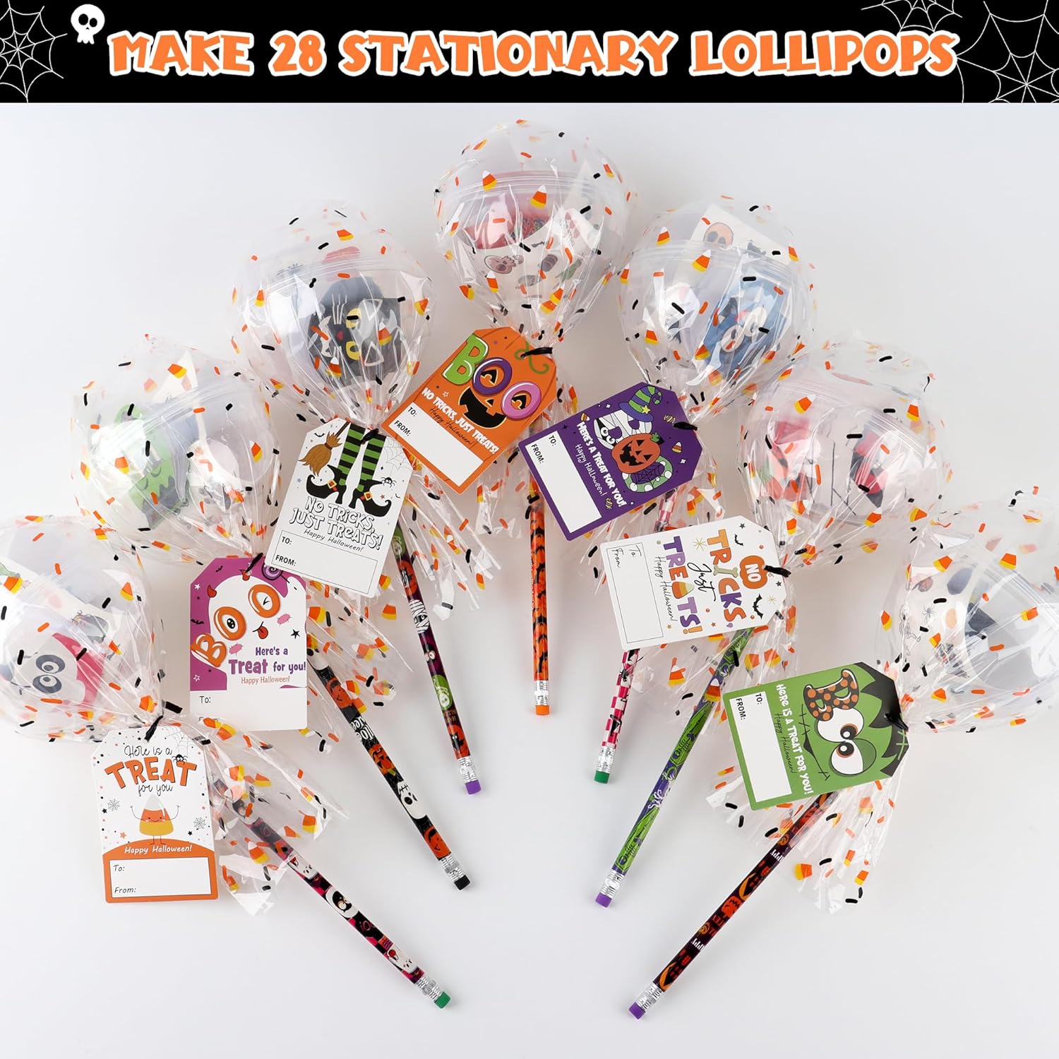 POPGIFTU 28 Pack Non-Candy Halloween Party Favors Bulk-Giant Lollipop Stationery Goodie Bags Kit for Kids, School Classroom Gift, Trick or Treat, Includes Pencils Stickers Erasers Notepads Sharpeners
