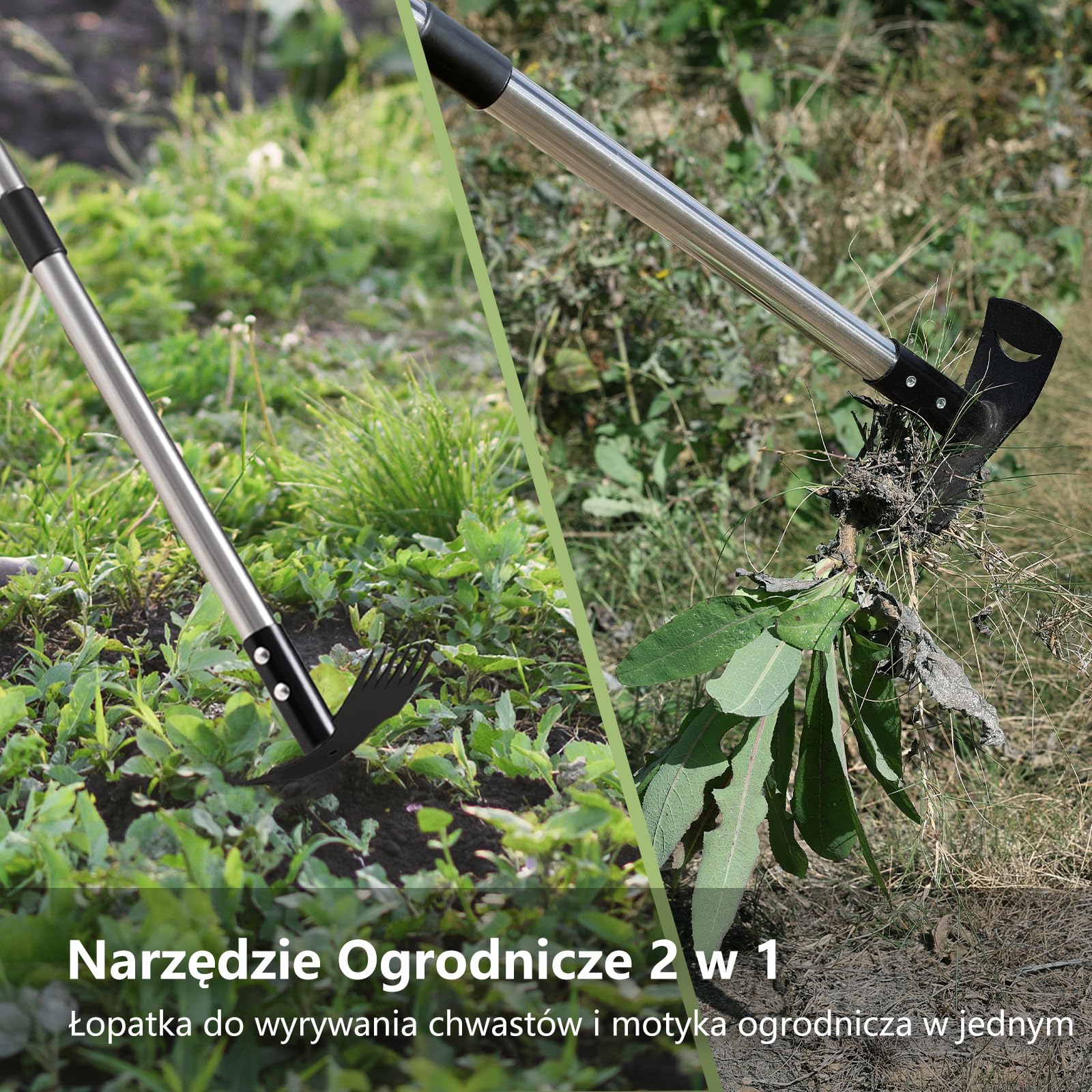 Mitclear Narzędzie do Usuwania Chwastów z Długim Uchwytem(148cm), Wyrywacz Chwastów, 2 w 1 Grabie i Motyka Ogrodowa, Ręczny Wyrywacz Chwastów do Usuwania Korzeni dla Ogrodu, Podwórka, Trawnika