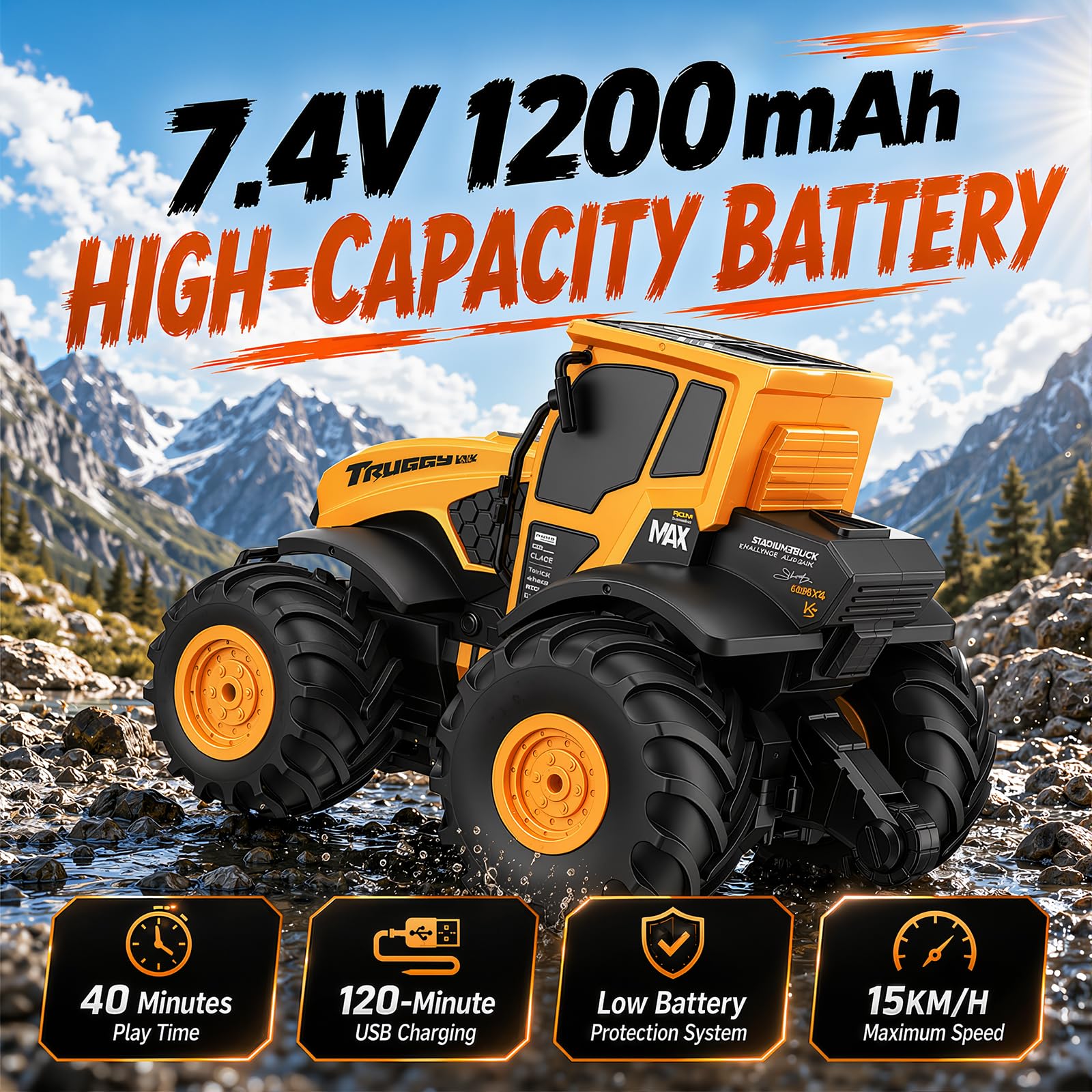 Macchina Telecomandata, Auto Radiocomandata Fuoristrada da Esterno | Monster Truck Telecomandato Anfibio IPX7, Auto RC 15 km/h, 2 Batterie 80 Min, Rotazione 360°, Idea Regalo Bambino