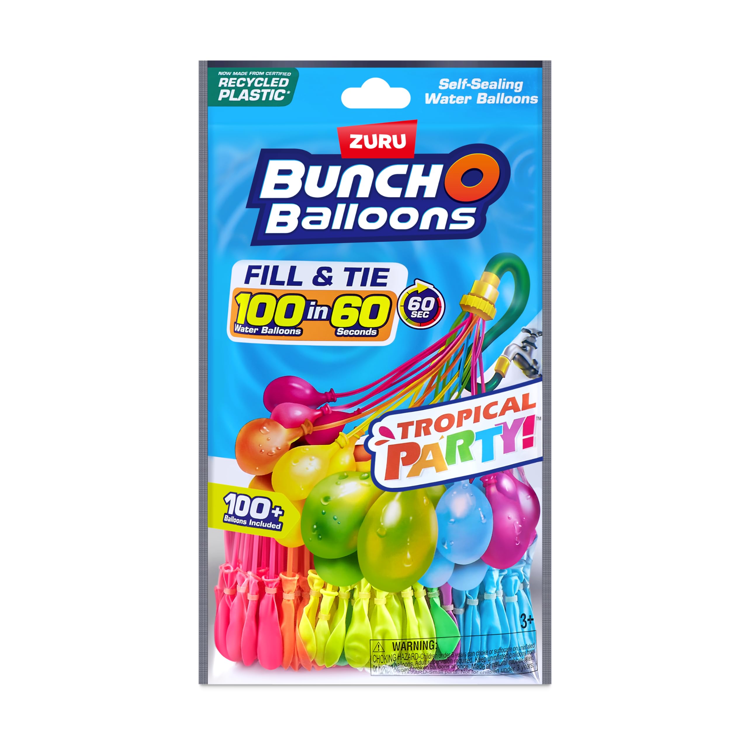 Bunch O Balloons Tropical Party 100+ Rapid-Filling Self-Sealing Water Balloons (3 Pack), Foil Bag