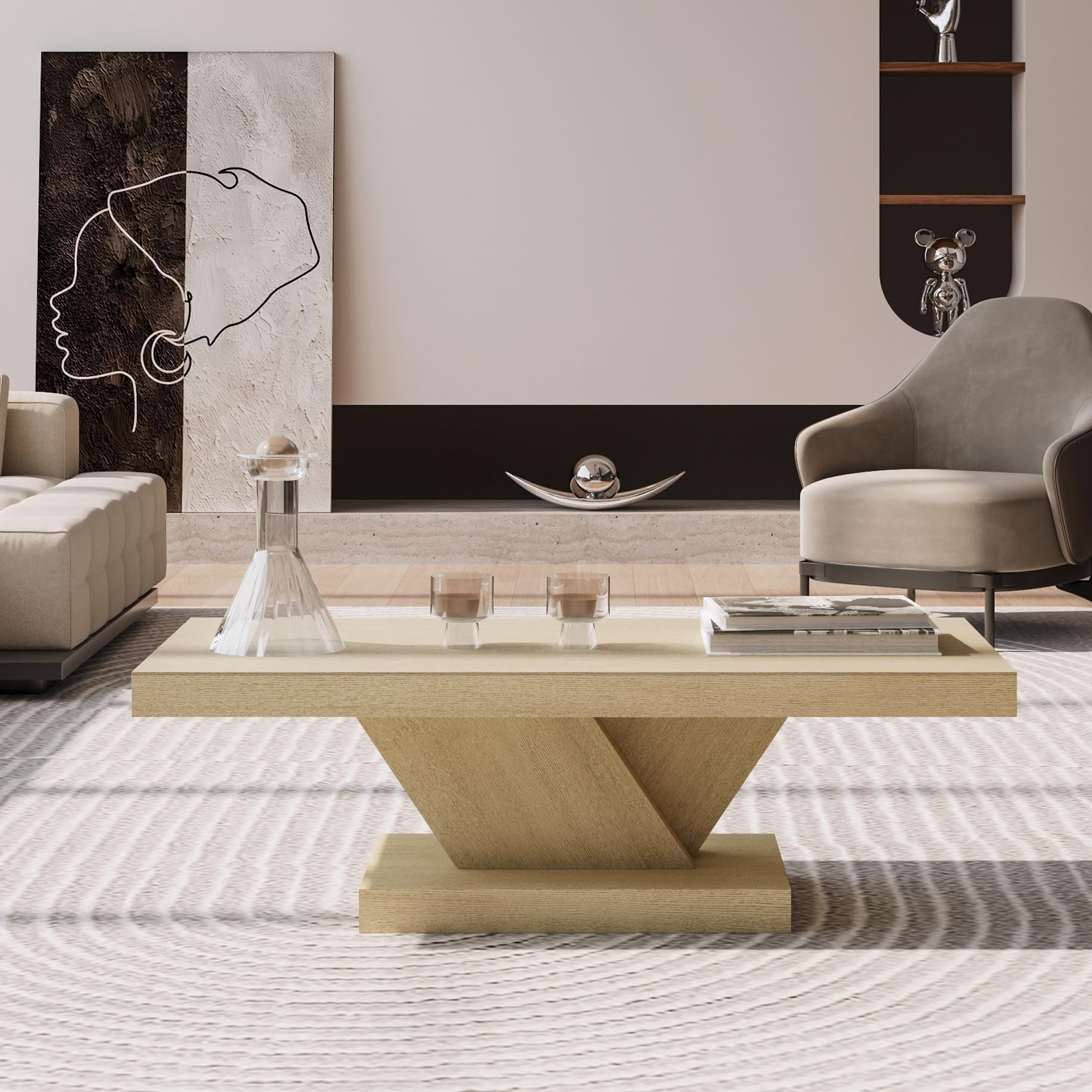 47.24" Retro Wooden Coffee Table,Rectangle Mid Century Modern Wood Center Table with X-Shape Base, Farmhouse Solid Wood Veneer Cocktail Tea Table for Living Room Home Office, Imitative Oak