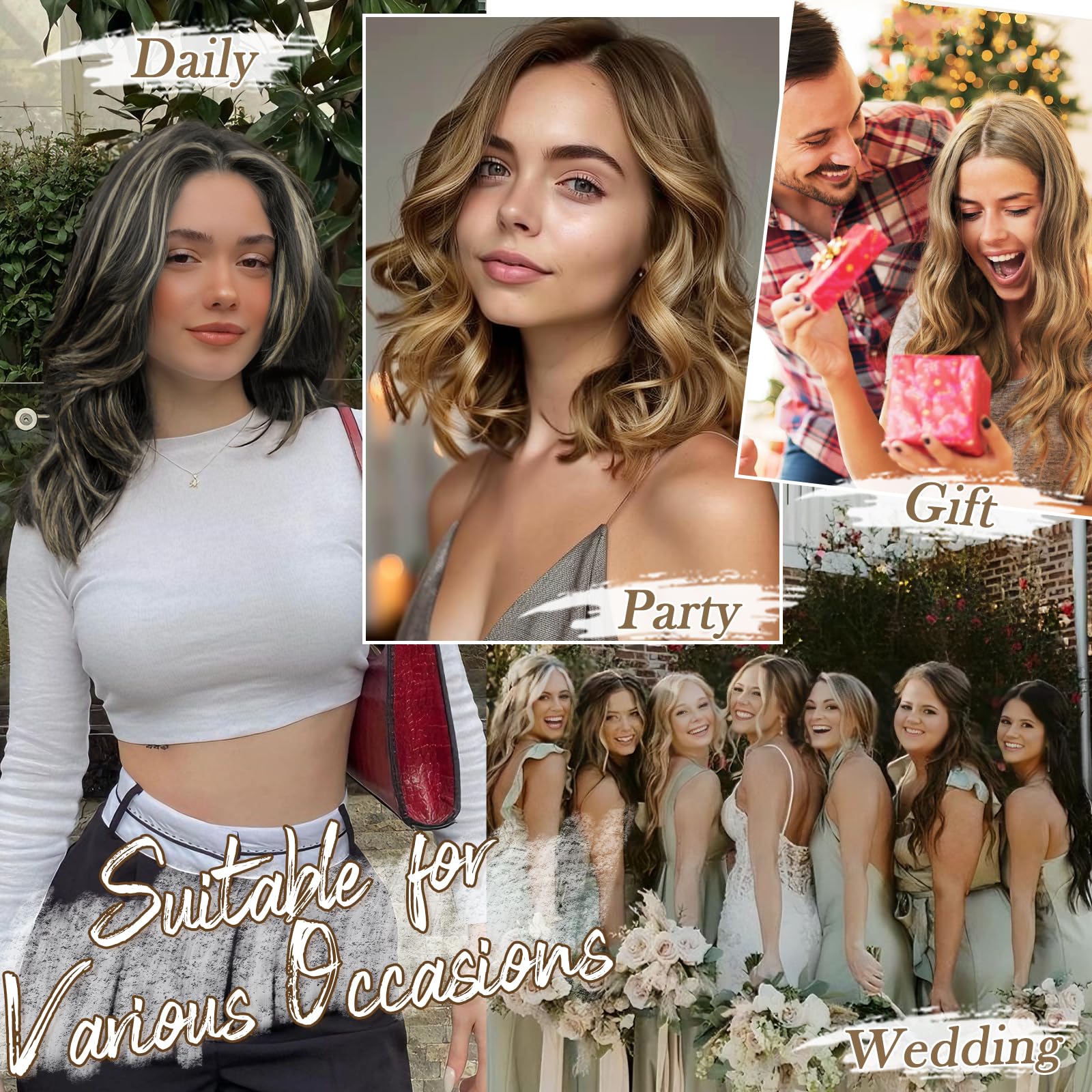 BARSDAR Extension Capelli Clip, 30cm Corto Ondulati Clip in Hair Extensions per Donna 6PCS Testa Piena Highlight Extension Sintetici Posticci Capelli Estensioni - Marrone Medio & Biondo
