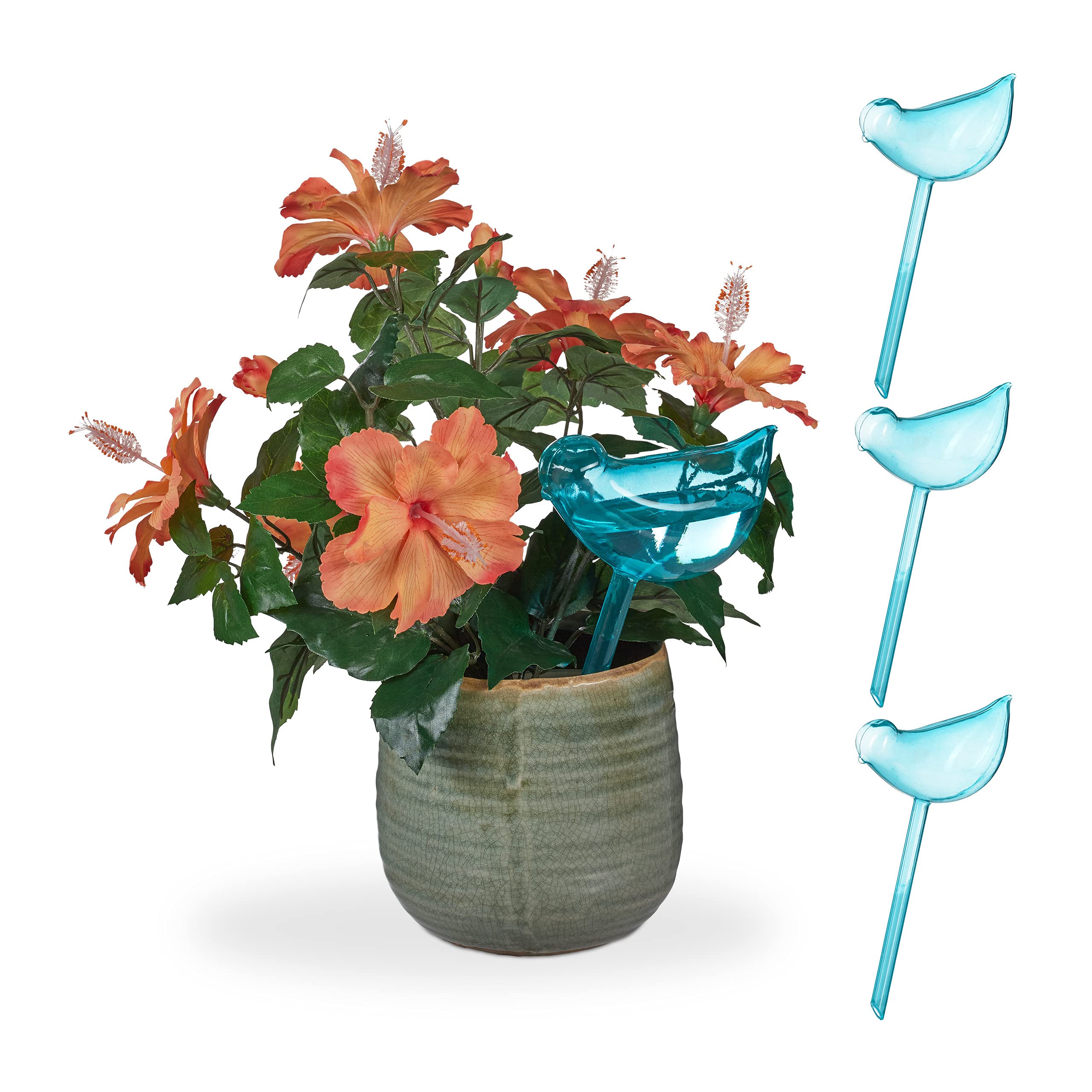 Relaxdays Pack 40 Globos Autorriego Diseño Pájaro, Regadores Plantas 200ml, Dosifican Agua de Riego, Azul