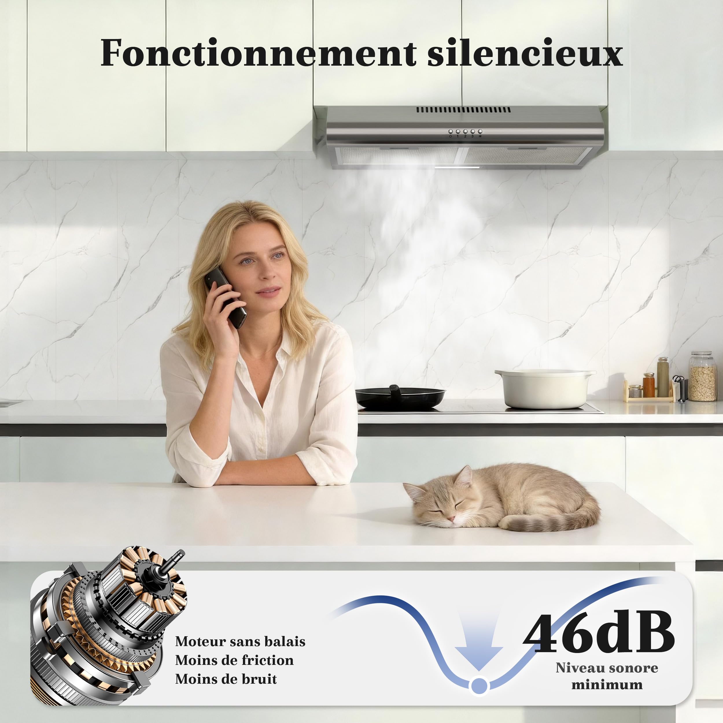 FIREGAS Hotte Aspirante 60cm Classe A++, Moteur Brushless Ultra Silencieuse 46dB, Débit 319m³/h, Hotte Cuisine Inox avec Filtre à Charbon, Évacuation Top/Arrière ou Recyclage, Argenté