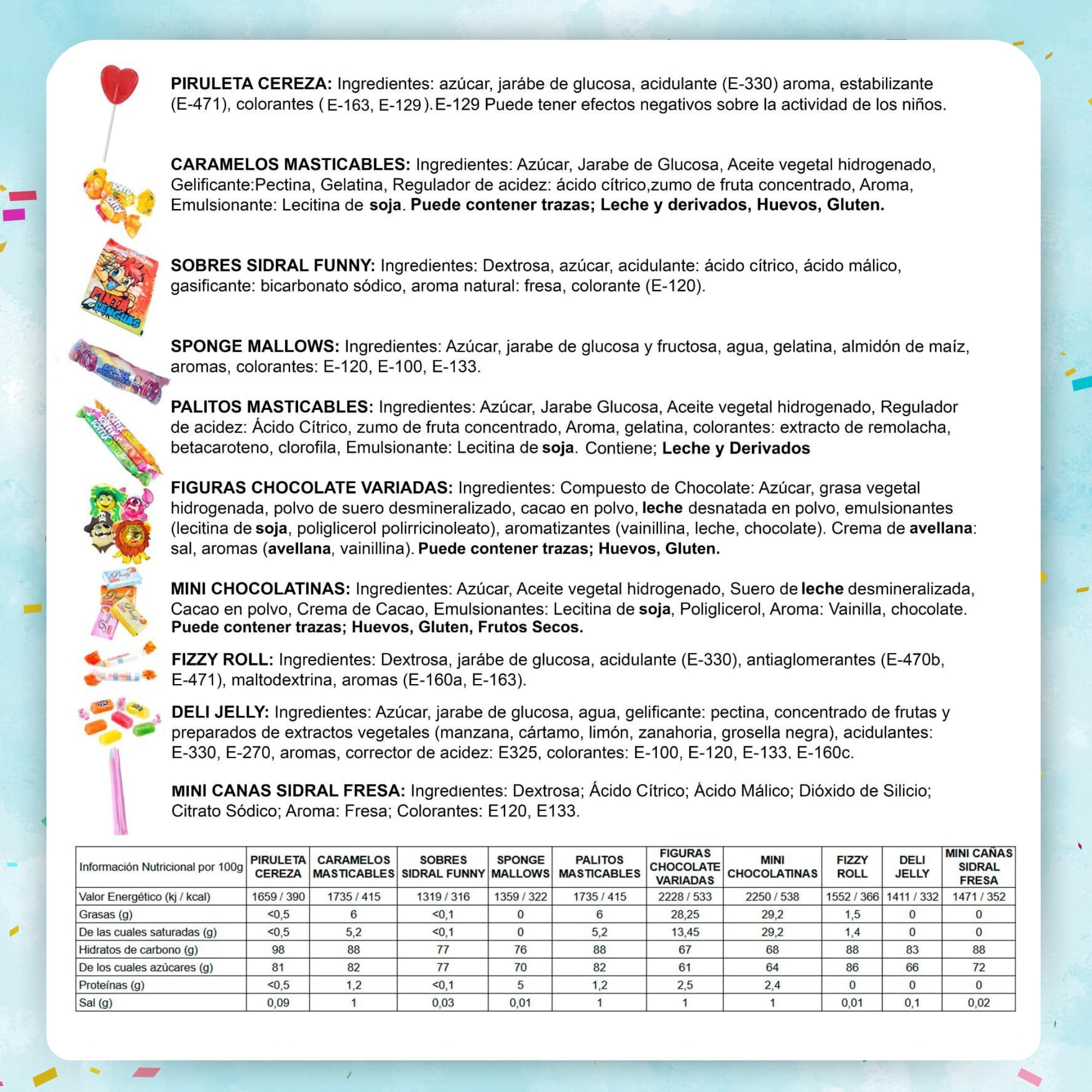SIDRAL .275 chuches variadas+piñata+mochila para llevar chuches :Cañas y sobres Sidral, chocolate, gominolas, caramelos blandos rellenos gel de frutas - Perfectas para Regalar.