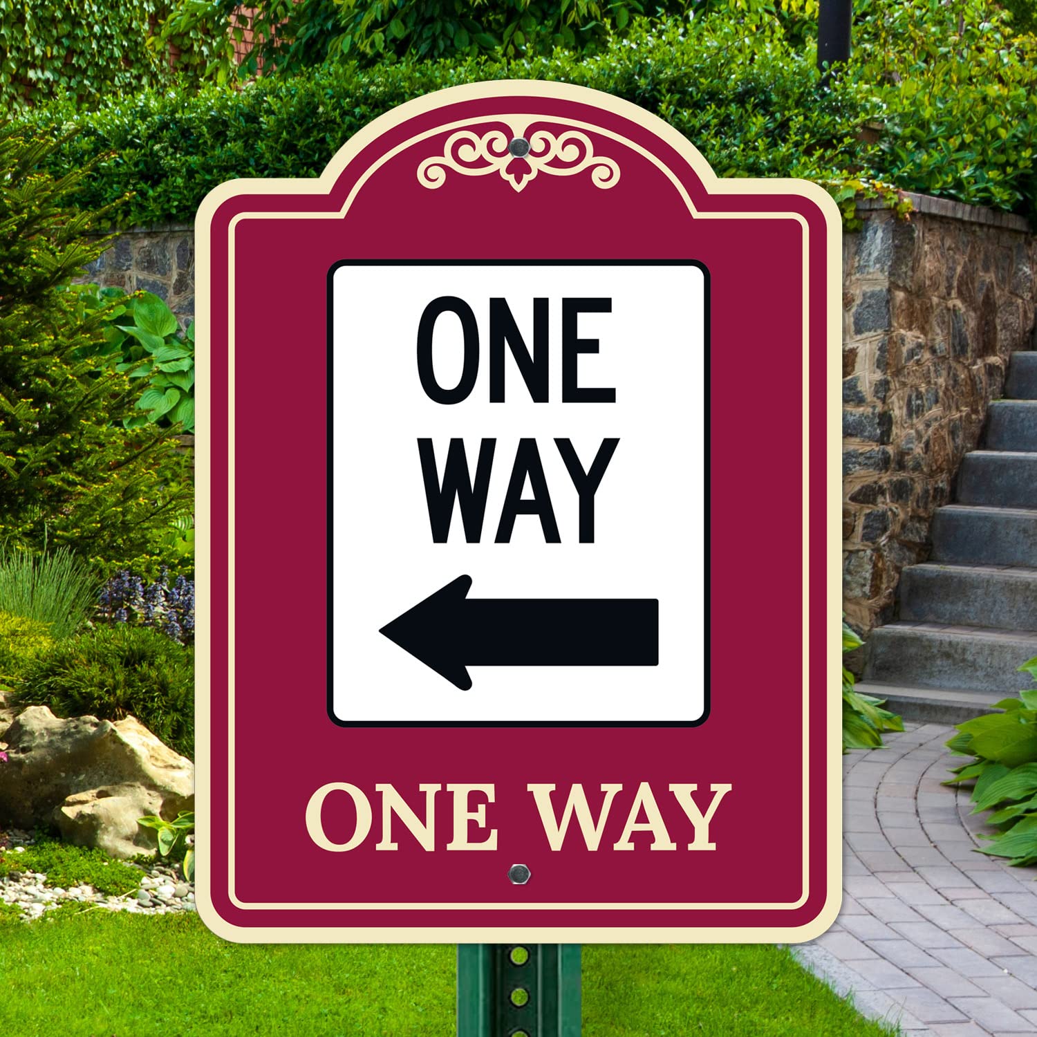 One Way with Left Arrow Décor Sign, (SI-73907) Burgundy Dark, 18x24 Inches, ACM, Fade Resistant, Made in USA