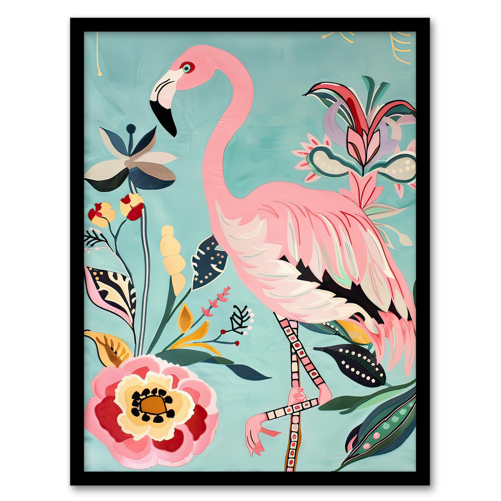 Artery8 Flamingo Bird Exotic Flowers Bright Painting Framed Art Print - Pink - A4