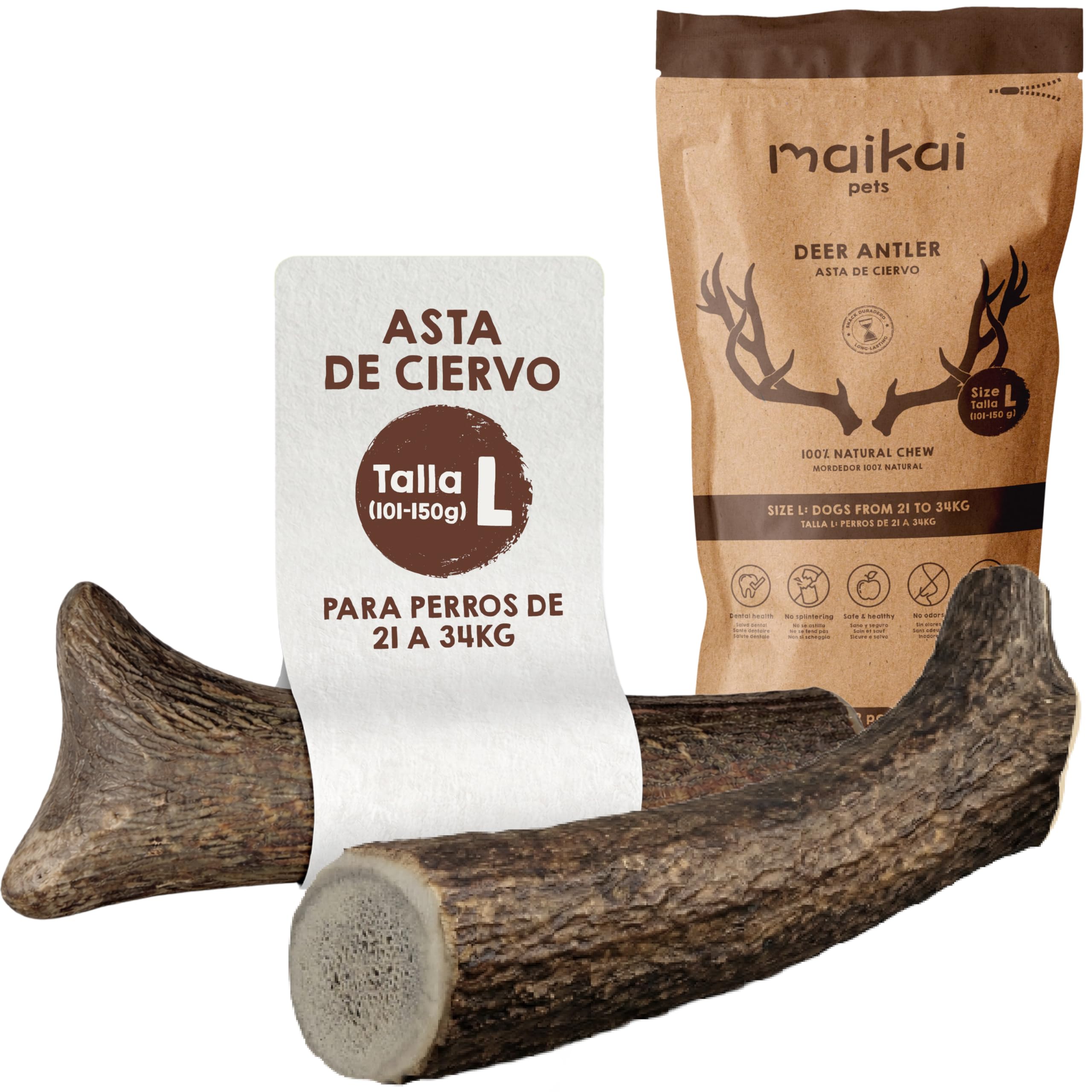 MAIKAI Pack 2 Asta de Ciervo Natural para Perro Talla L – Mordedor Resistente para Razas Medianas hasta 30 kg – Hueso para Perros Grandes Juguete Masticable Duradero y Seguro - Regalo Perro