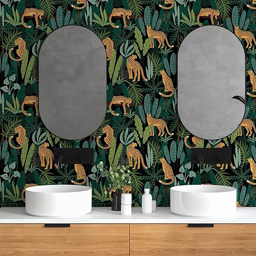 Miniatura 7 de Papel tapiz de vinilo autoadhesivo de 17.7 x 236 pulgadas, diseño de animales tropicales de selva tropical, impermeable, papel de contacto con hojas
