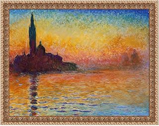 Solid Wood Framed Canvas Wall Art Painting Print《San Giorgio Maggiore at Dusk》by Claude Monet | Impressionism Fine Art Oil Painting Reproductions for Living Room Home Decor(Gold-12"x16")