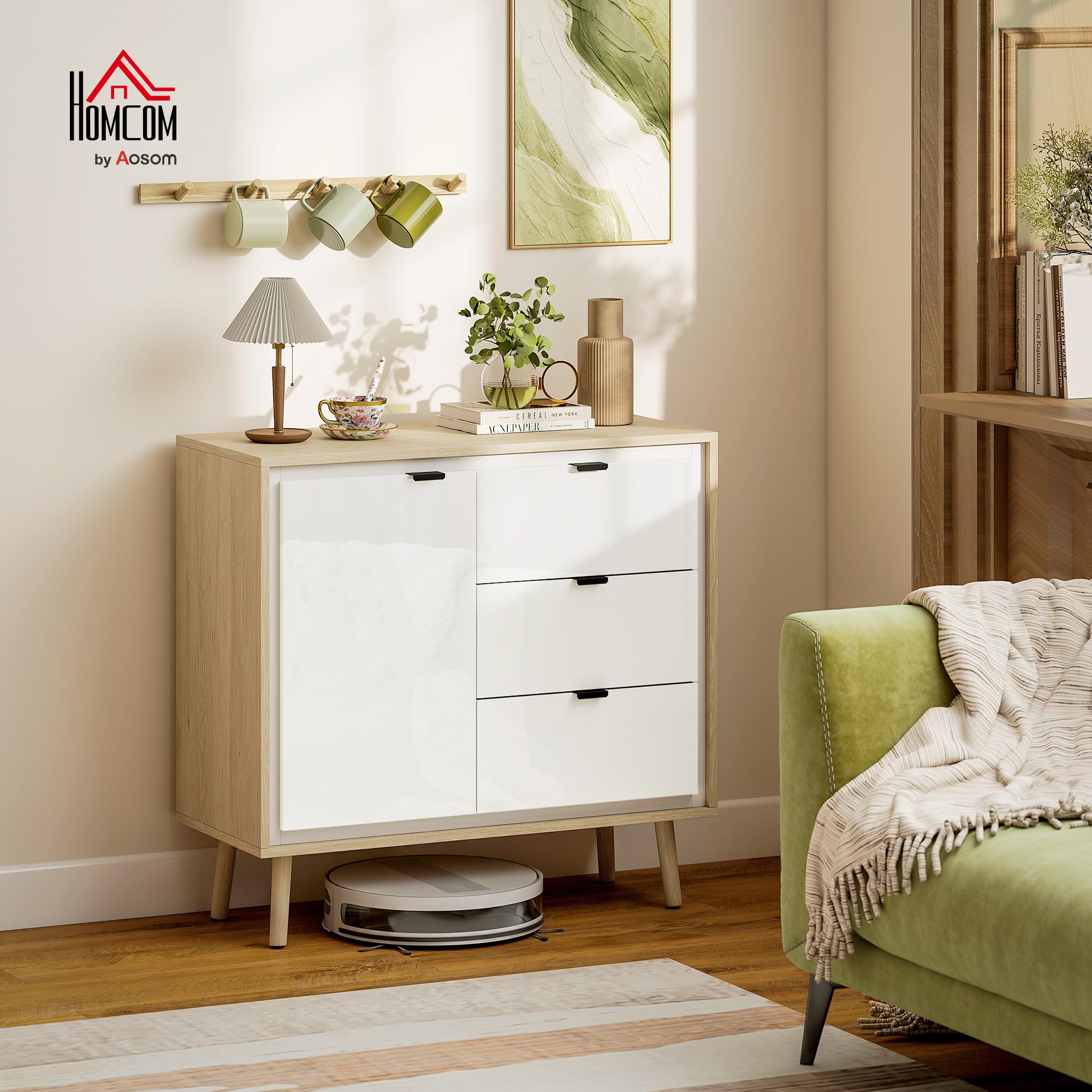 HOMCOM Buffet Salon Meuble de Rangement Armoire de Cuisine avec Placard à 2 Portes 3 tiroirs et étagère réglable, Style Moderne Buffet Salle à Manger et Salon, 80 x 35 x 77 cm, Blanc