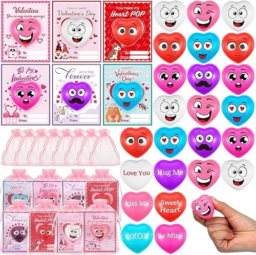 Halloscume 72 unidades de bolas de estrés de corazón de San Valentín a granel con bolsas de organza y tarjetas de San Valentín para aliviar el